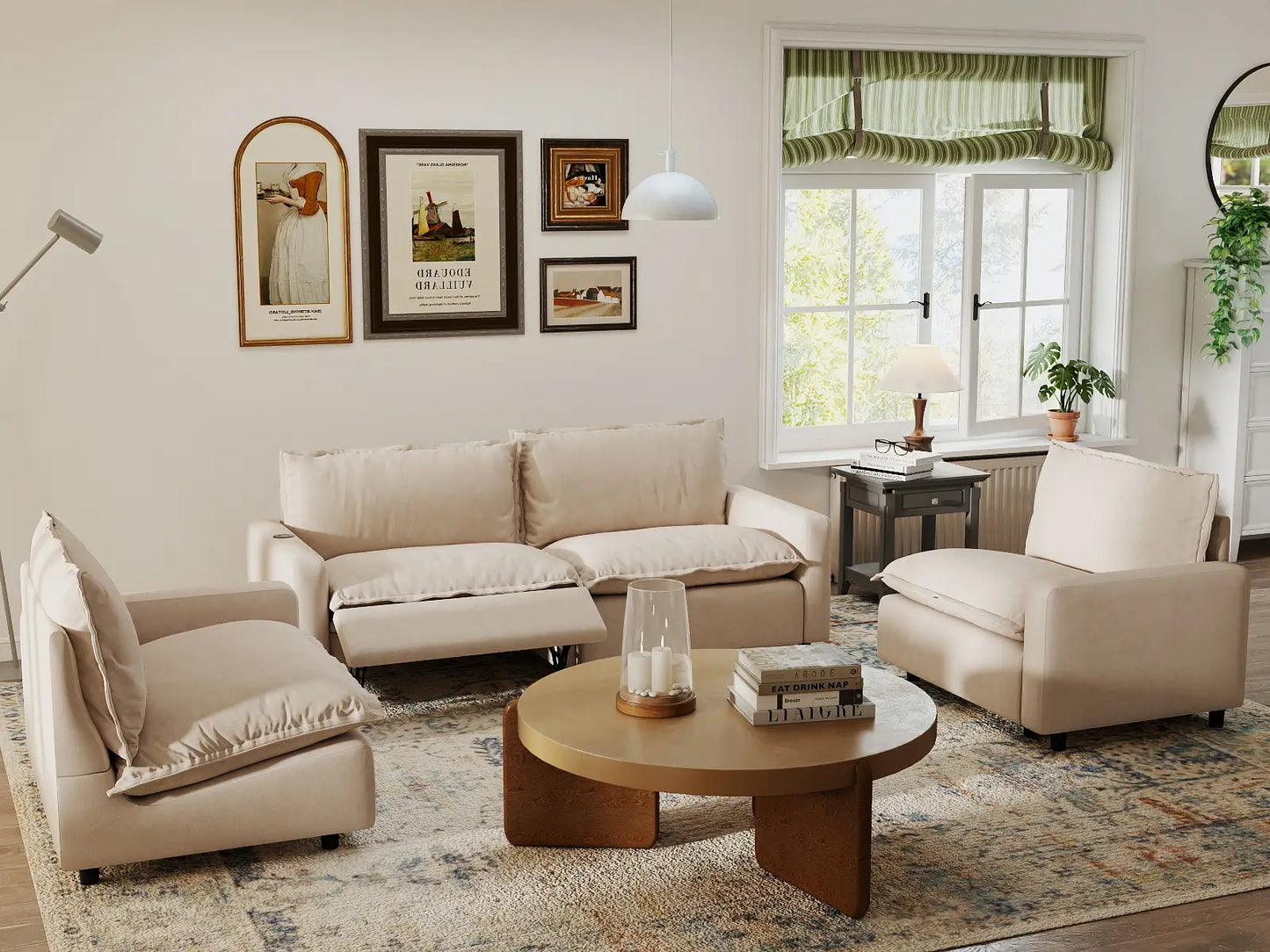 4 Piece Beige Linen High Ceiling Room U Shaped Sectionals 4 Seater 7