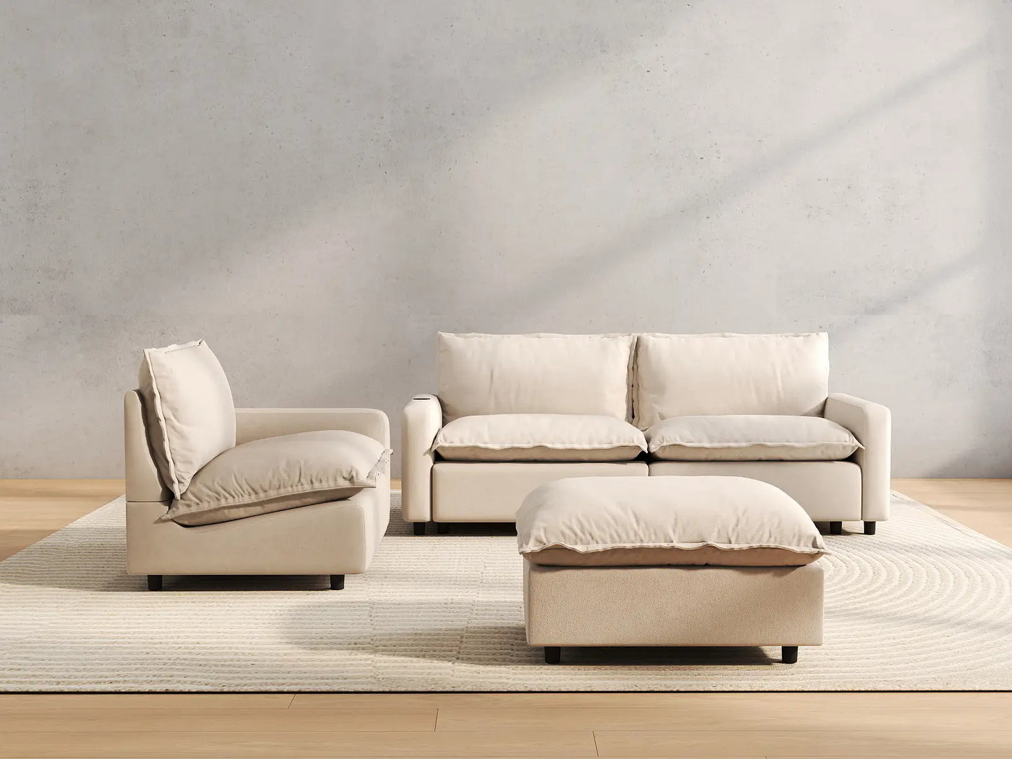 4 Piece Beige Linen Home Living Chaise Sectionals 3 Seater with 1 Ottoman 4