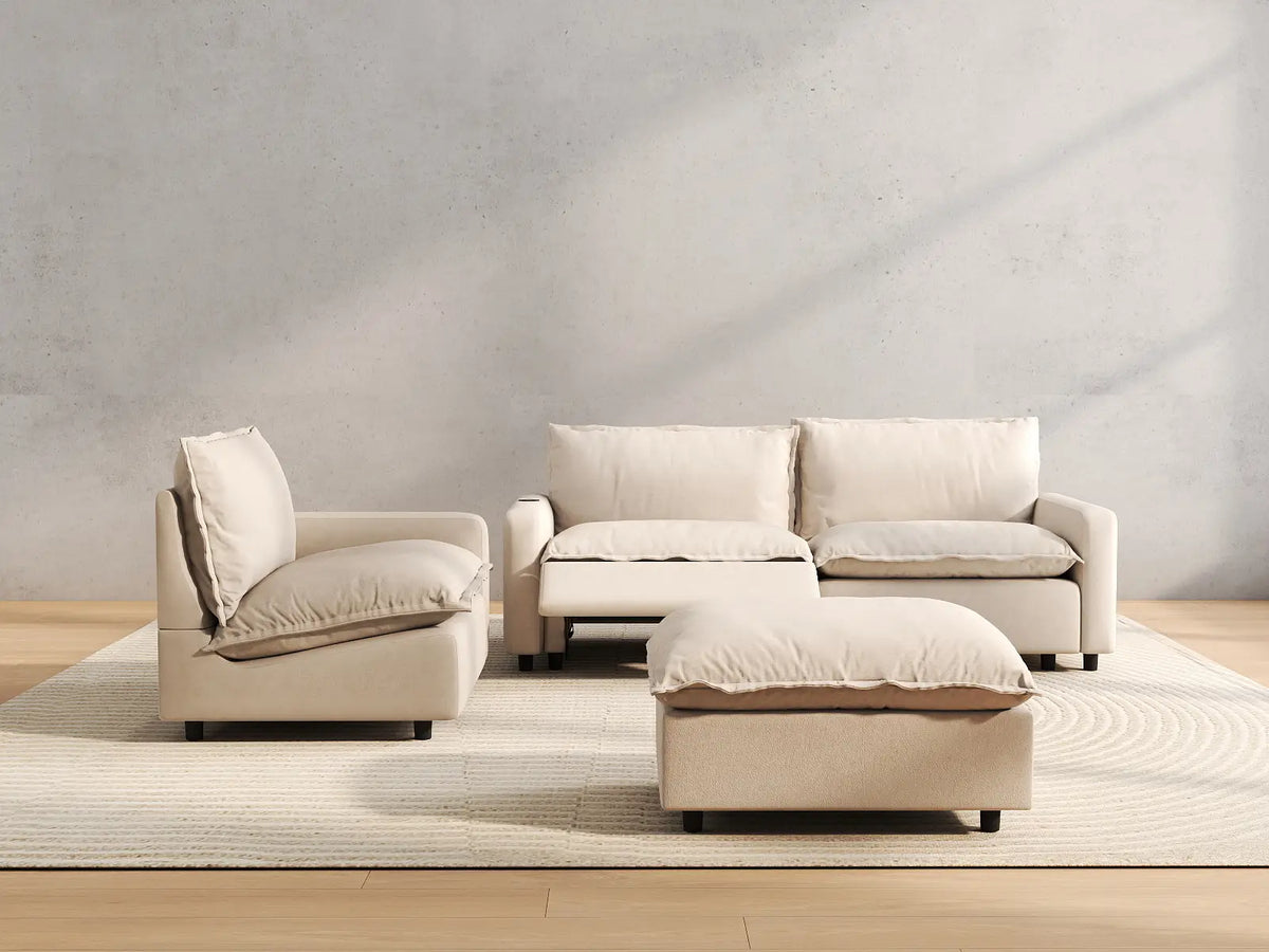 4 Piece Beige Linen Home Living Chaise Sectionals 3 Seater with 1 Ottoman 5
