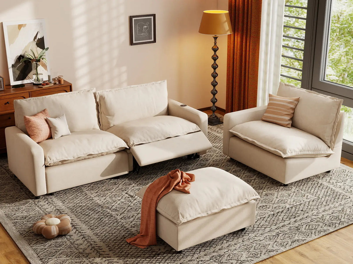 4 Piece Beige Linen Home Living Chaise Sectionals 3 Seater with 1 Ottoman 7