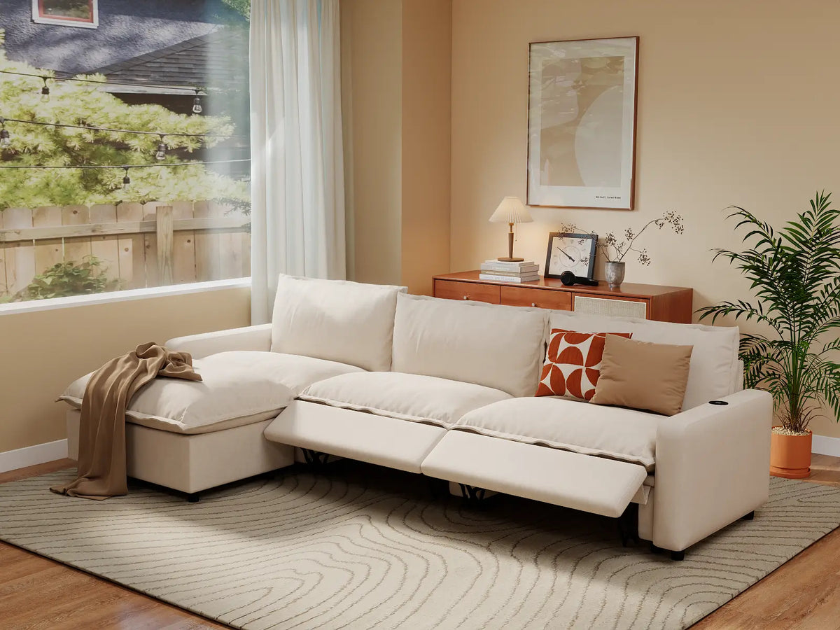 Modular Cero Reclining Sectionals | 4-Piece Beige Linen Home Living L-Shaped Sectionals 3-Seater with 1-Ottoman