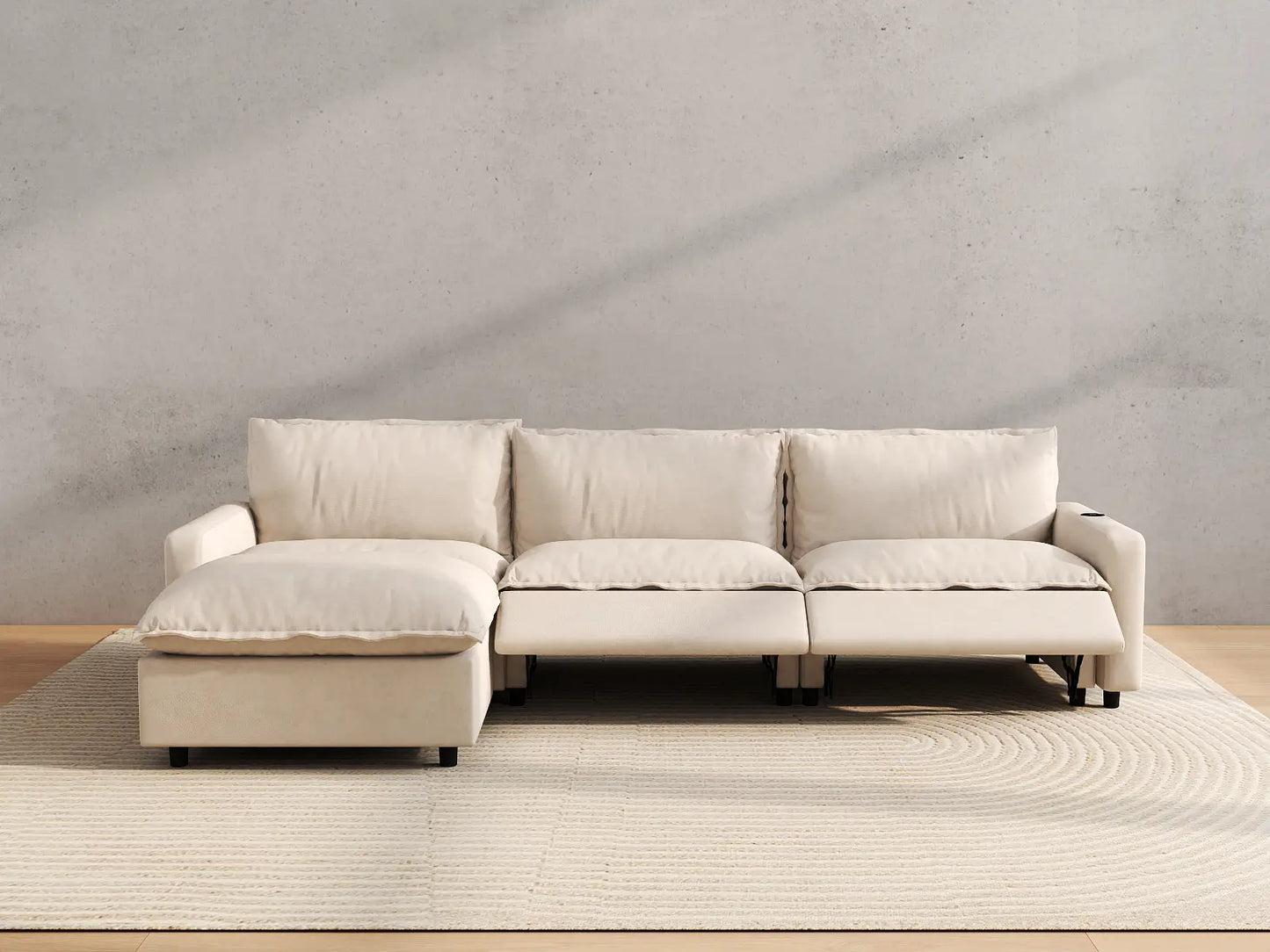 Modular Cero Reclining Sectionals | 4-Piece Beige Linen Home Living L-Shaped Sectionals 3-Seater with 1-Ottoman