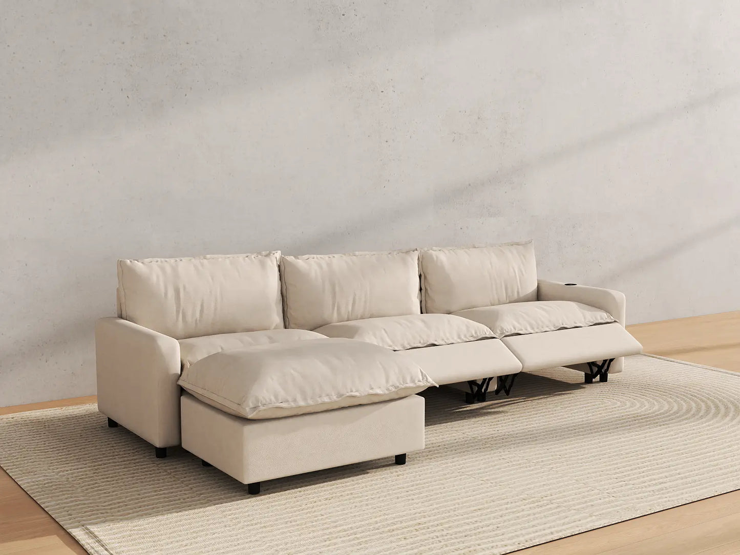 Modular Cero Reclining Sectionals | 4-Piece Beige Linen Home Living L-Shaped Sectionals 3-Seater with 1-Ottoman