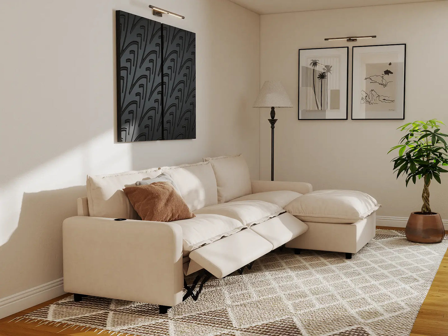 Modular Cero Reclining Sectionals | 4-Piece Beige Linen Home Living L-Shaped Sectionals 3-Seater with 1-Ottoman