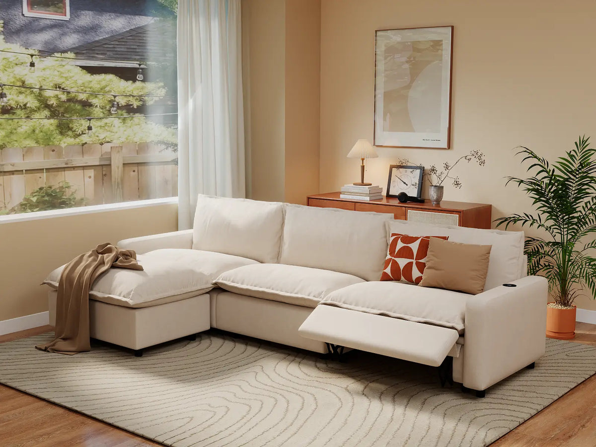 Modular Cero Reclining Sectionals | 4-Piece Beige Linen Large Space L-Shaped Sectionals 3-Seater with 1-Ottoman