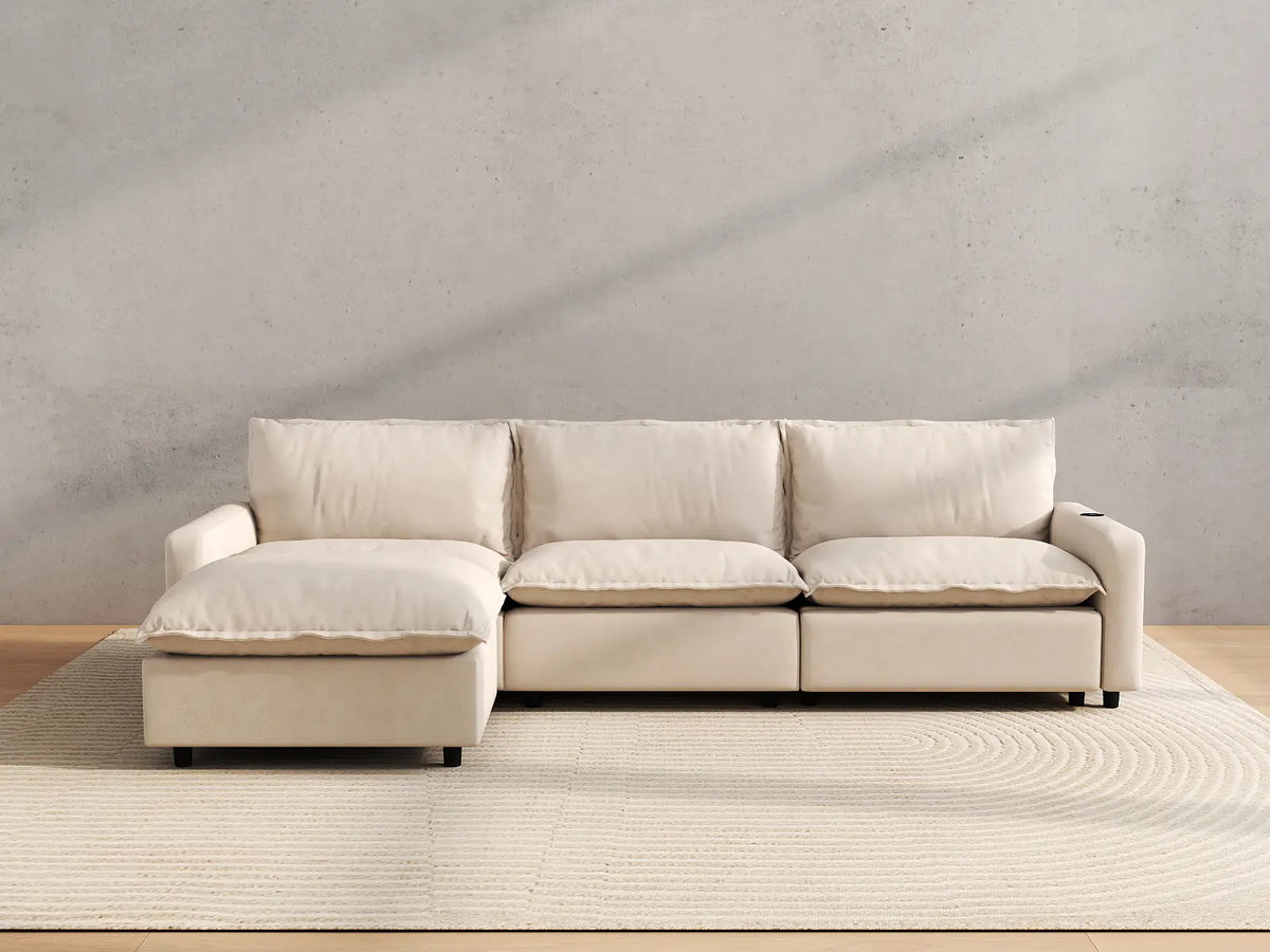Modular Cero Reclining Sectionals | 4-Piece Beige Linen Large Space L-Shaped Sectionals 3-Seater with 1-Ottoman