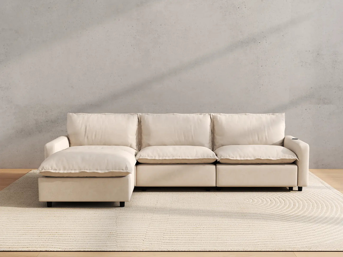 Modular Cero Reclining Sectionals | 4-Piece Beige Linen Large Space L-Shaped Sectionals 3-Seater with 1-Ottoman