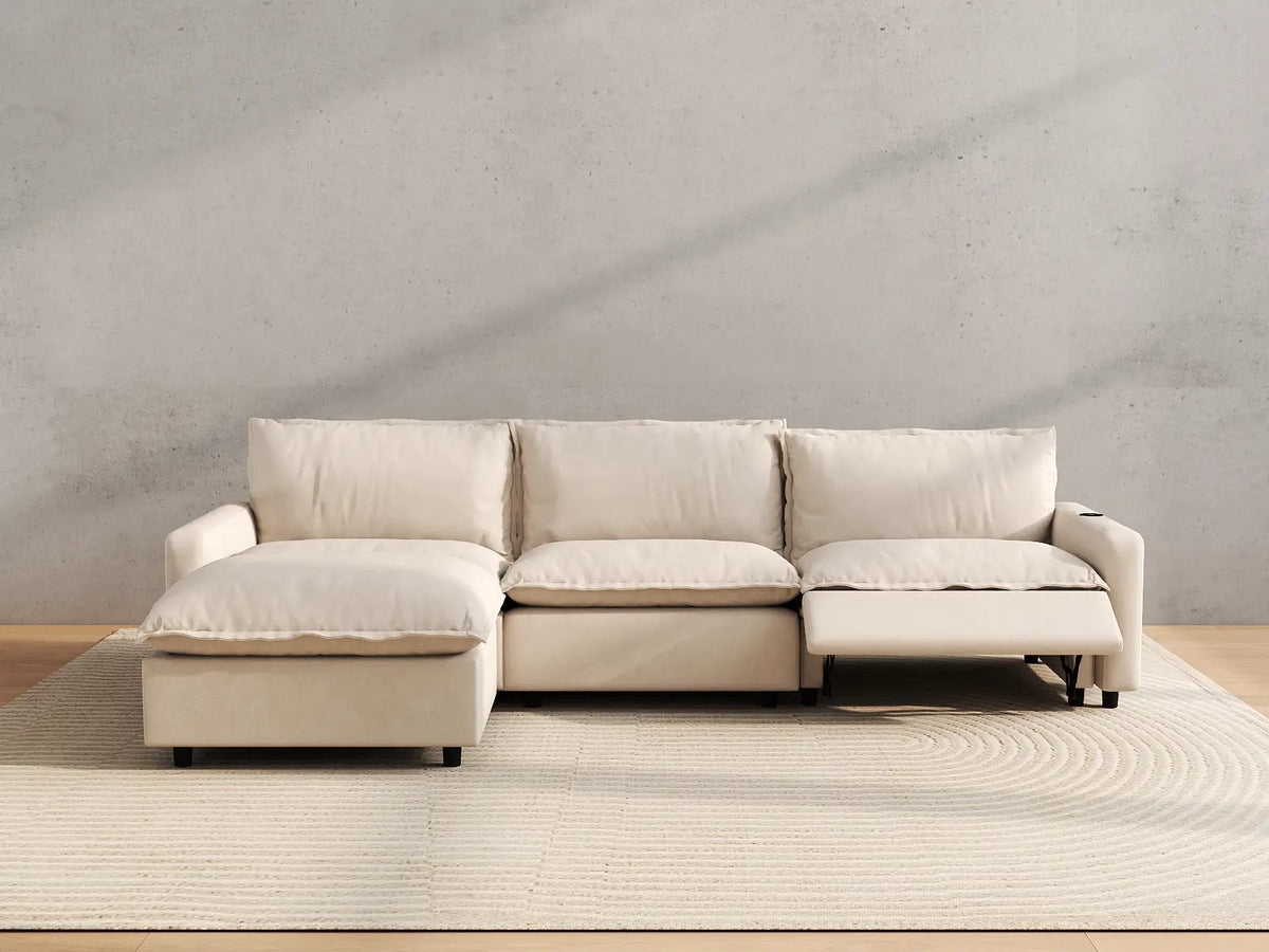 Modular Cero Reclining Sectionals | 4-Piece Beige Linen Large Space L-Shaped Sectionals 3-Seater with 1-Ottoman