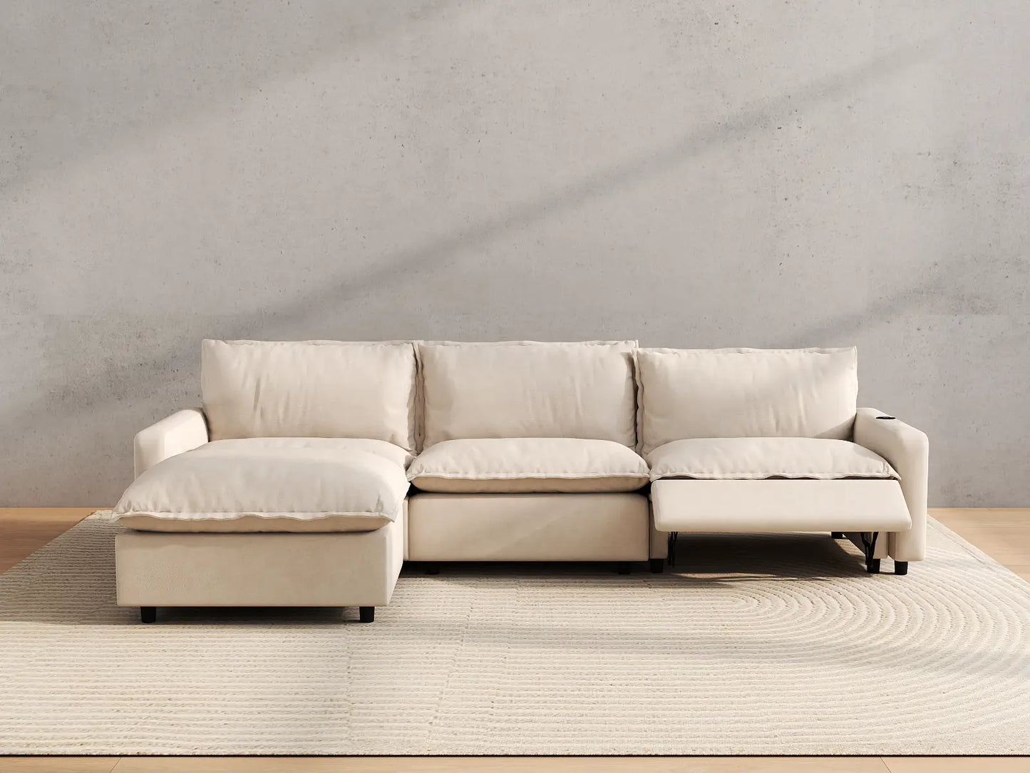 Modular Cero Reclining Sectionals | 4-Piece Beige Linen Large Space L-Shaped Sectionals 3-Seater with 1-Ottoman
