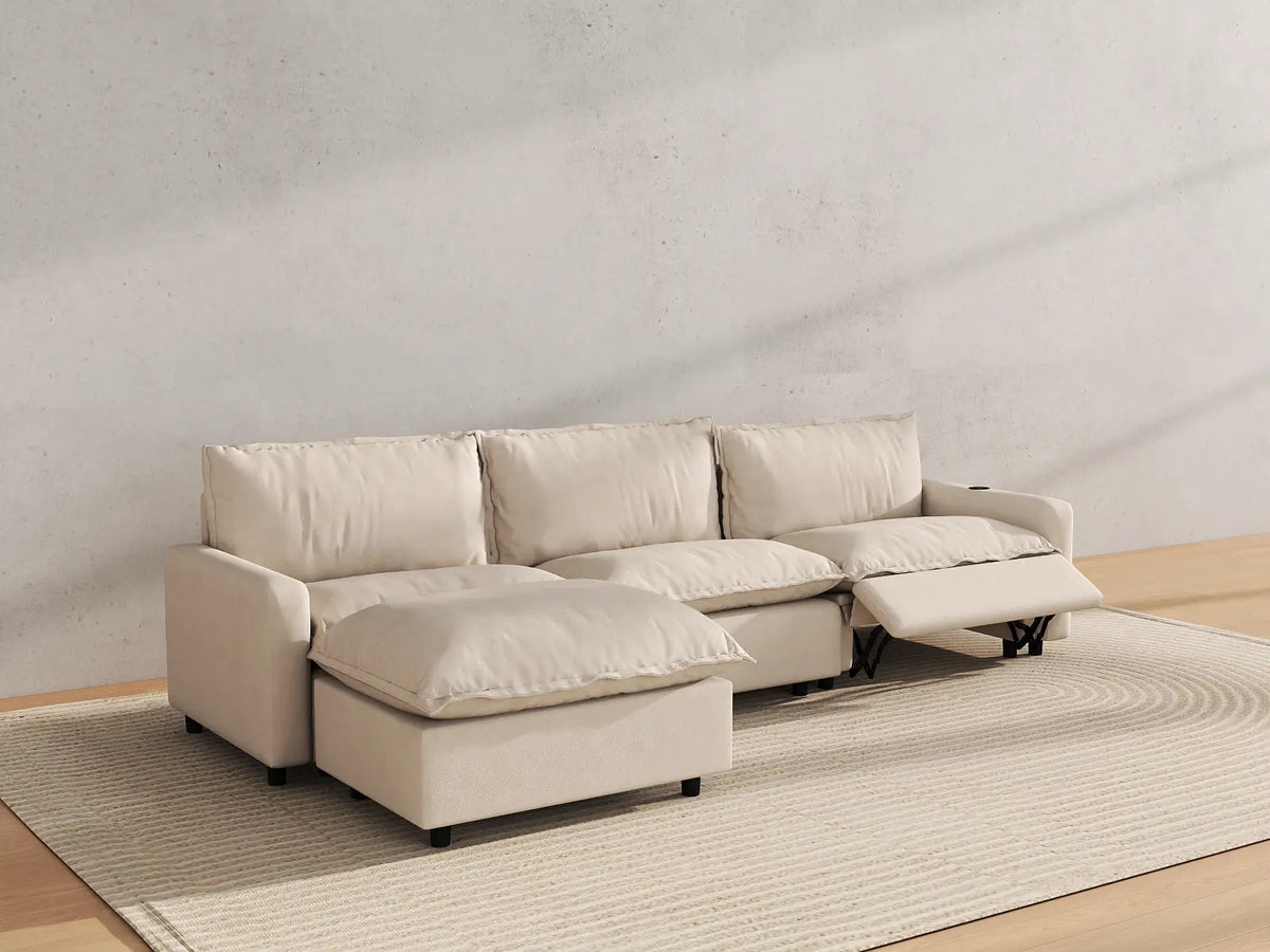 Modular Cero Reclining Sectionals | 4-Piece Beige Linen Large Space L-Shaped Sectionals 3-Seater with 1-Ottoman