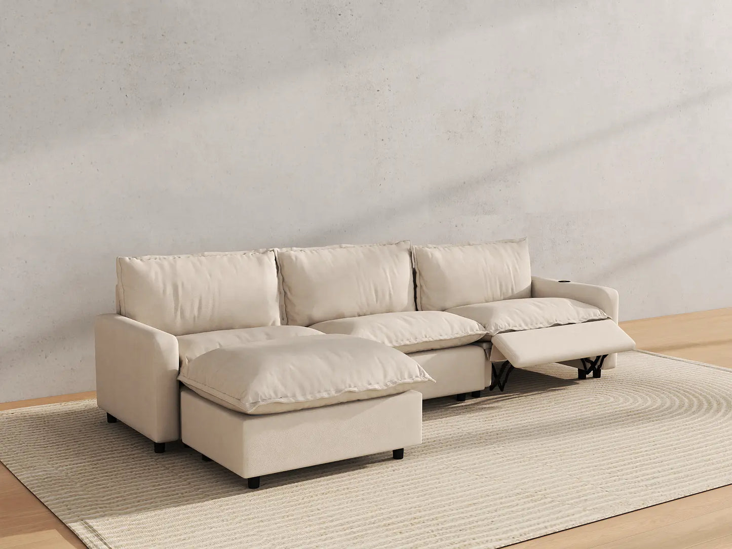 Modular Cero Reclining Sectionals | 4-Piece Beige Linen Large Space L-Shaped Sectionals 3-Seater with 1-Ottoman