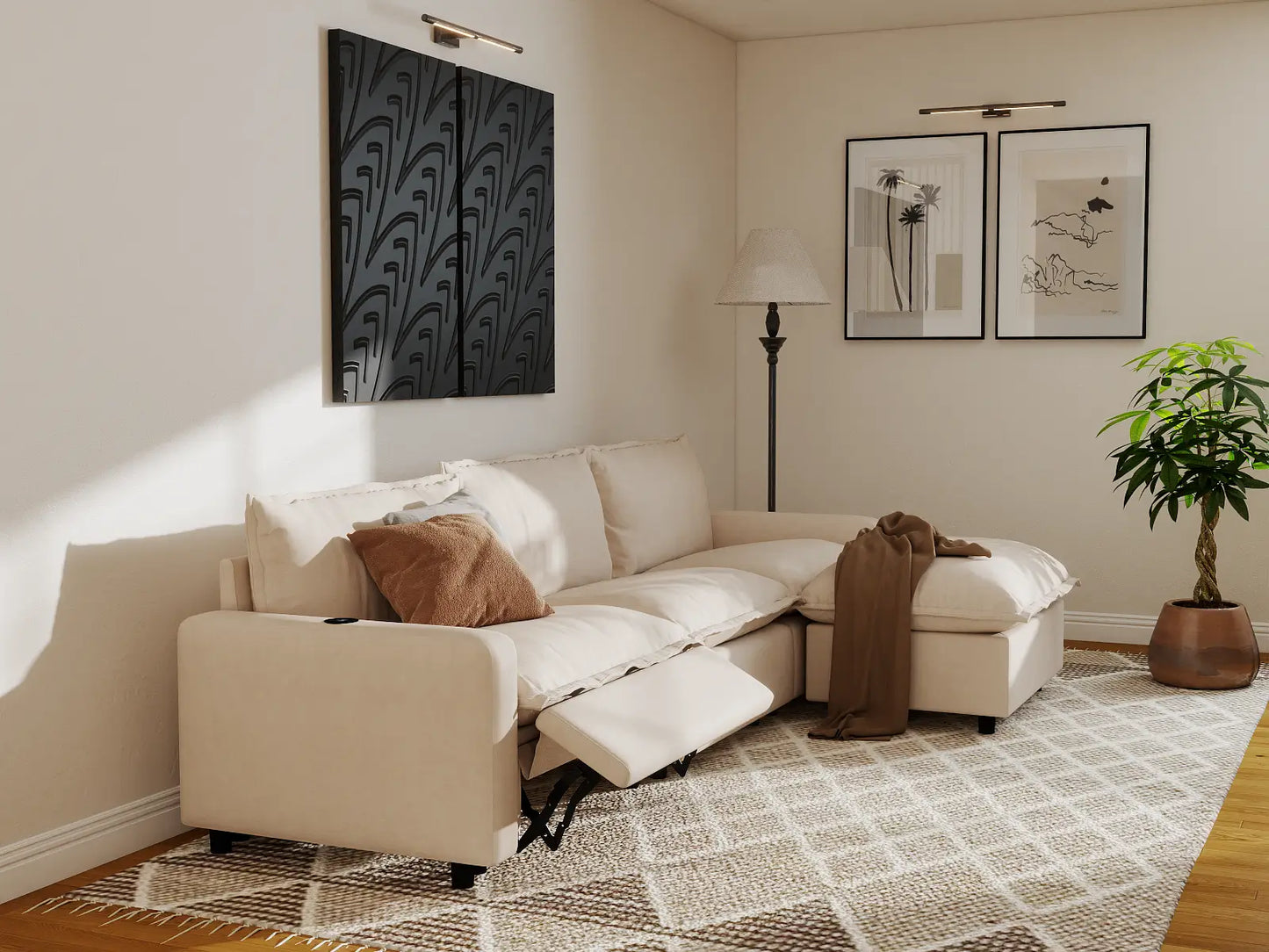Modular Cero Reclining Sectionals | 4-Piece Beige Linen Large Space L-Shaped Sectionals 3-Seater with 1-Ottoman