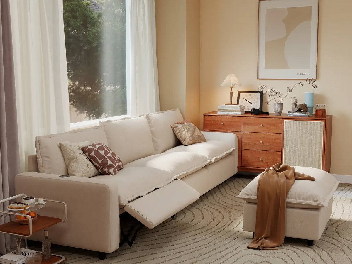 4 Piece Beige Linen Main Living Area Chaise Sectionals 3 Seater with 1 Ottoman 1