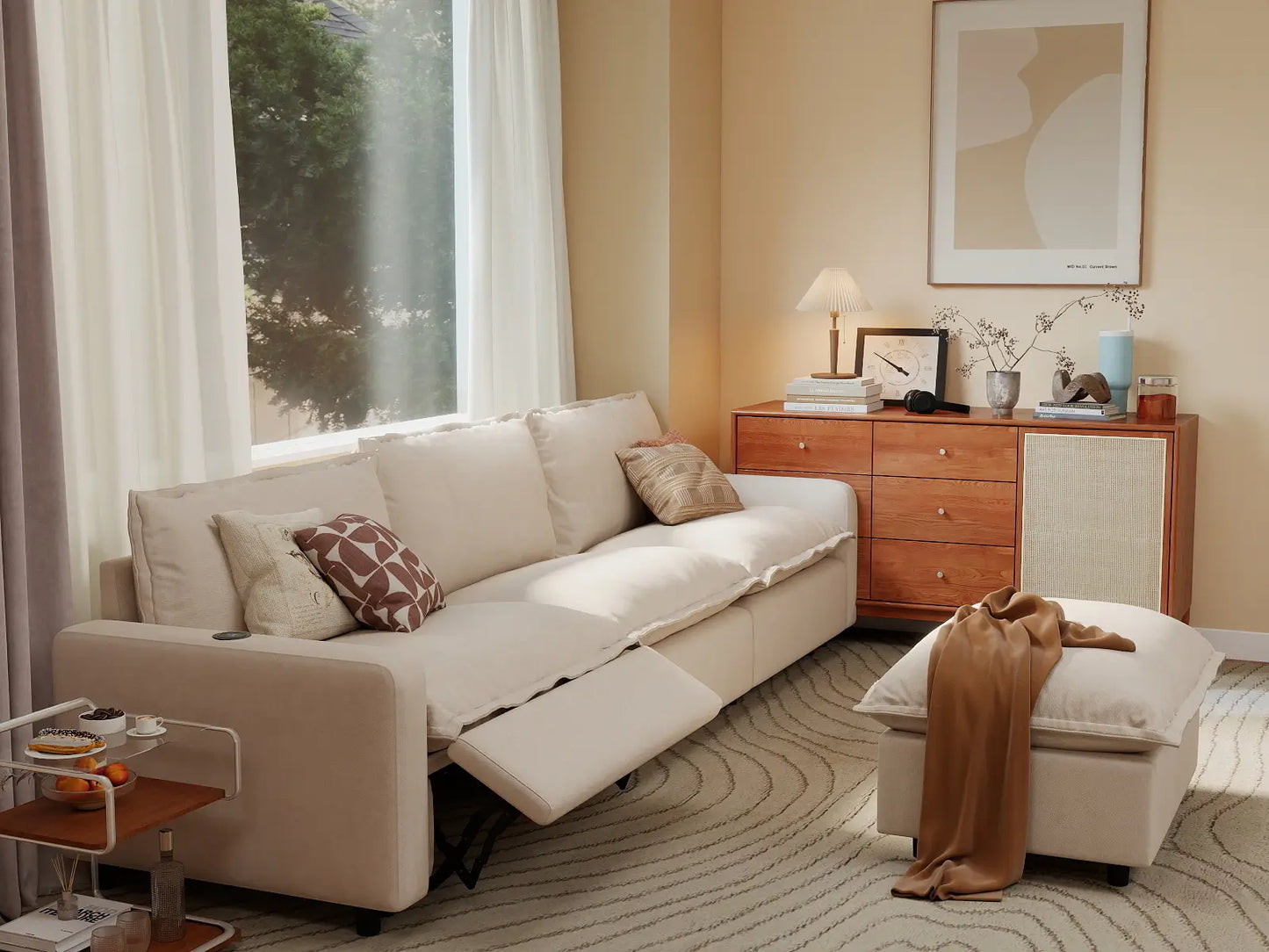 4 Piece Beige Linen Main Living Area Chaise Sectionals 3 Seater with 1 Ottoman 1