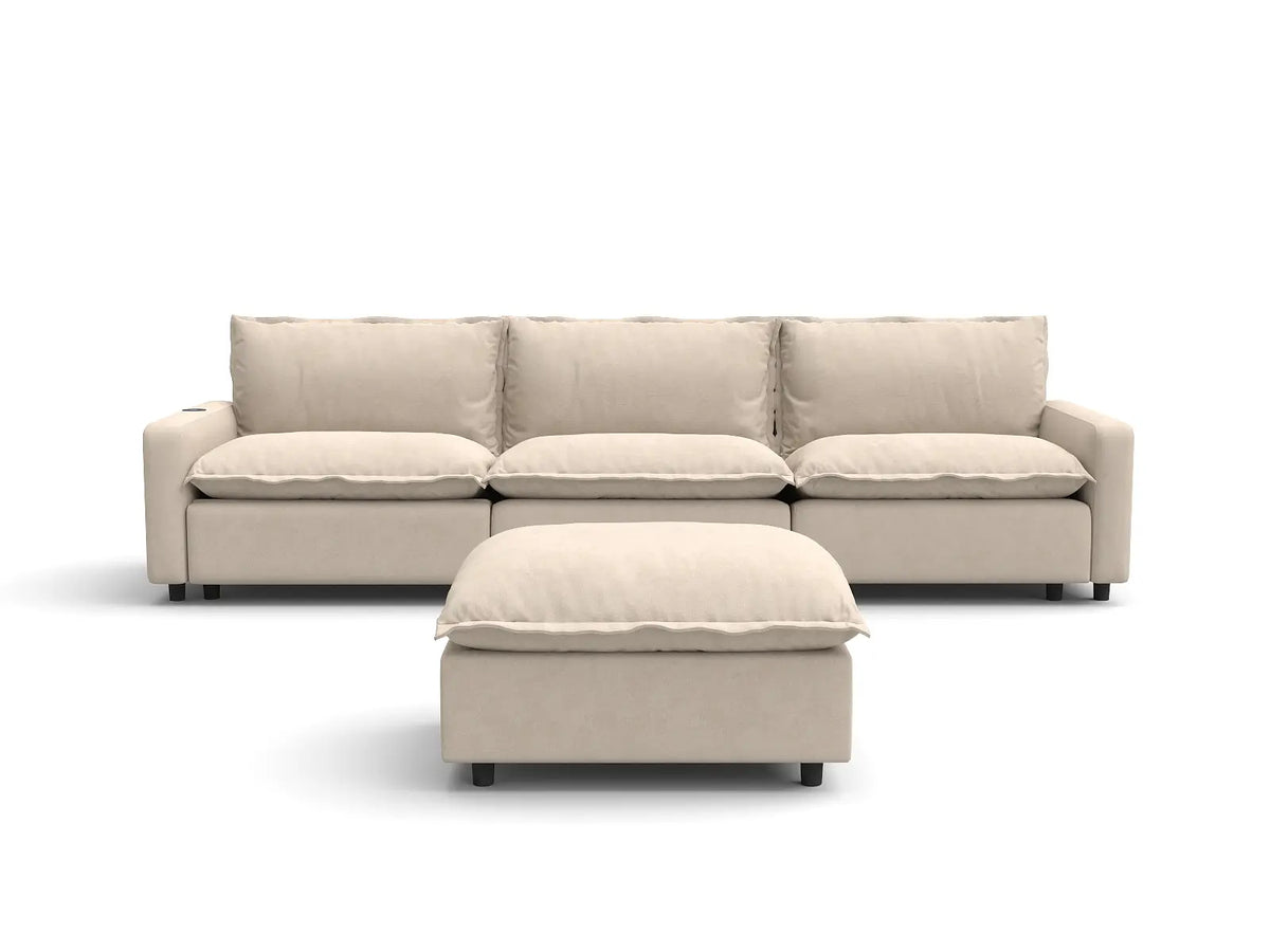 4 Piece Beige Linen Main Living Area Chaise Sectionals 3 Seater with 1 Ottoman 2
