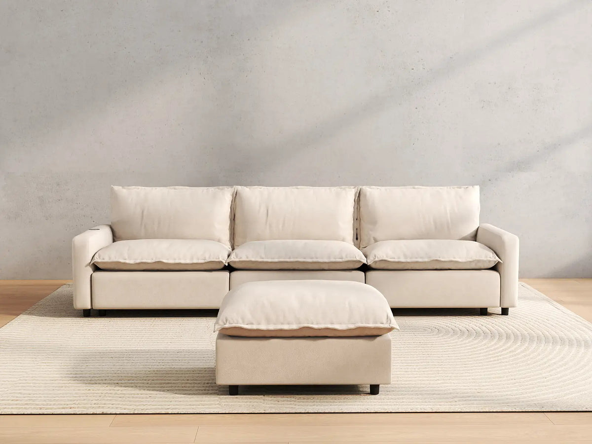 4 Piece Beige Linen Main Living Area Chaise Sectionals 3 Seater with 1 Ottoman 4