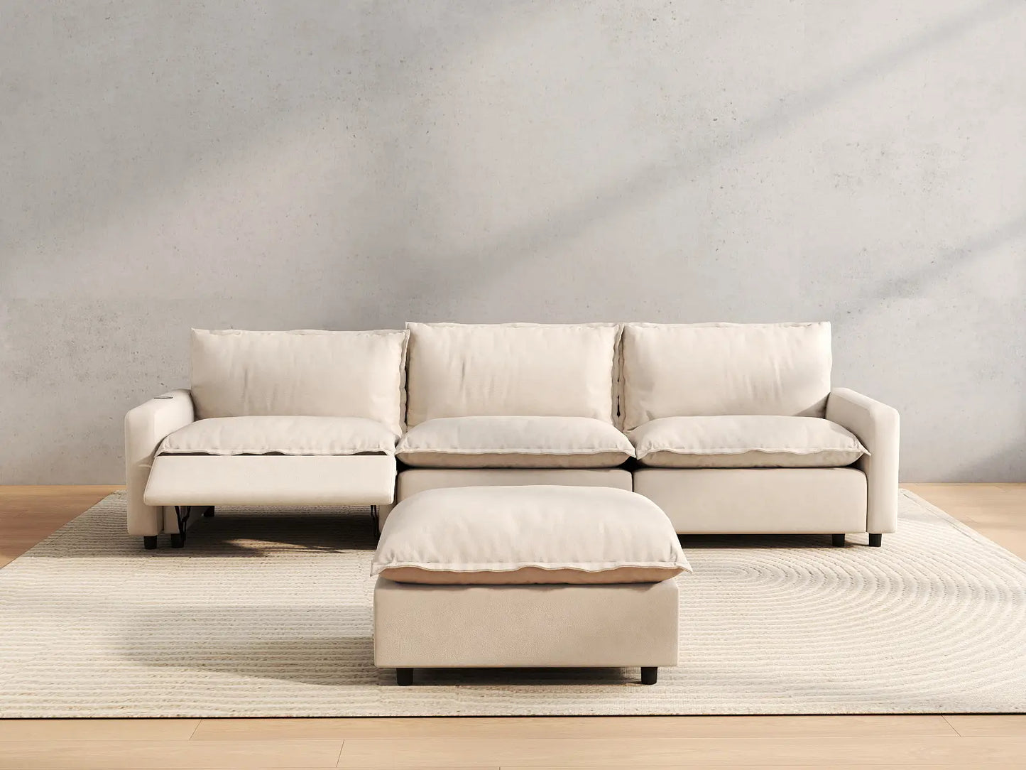 4 Piece Beige Linen Main Living Area Chaise Sectionals 3 Seater with 1 Ottoman 5