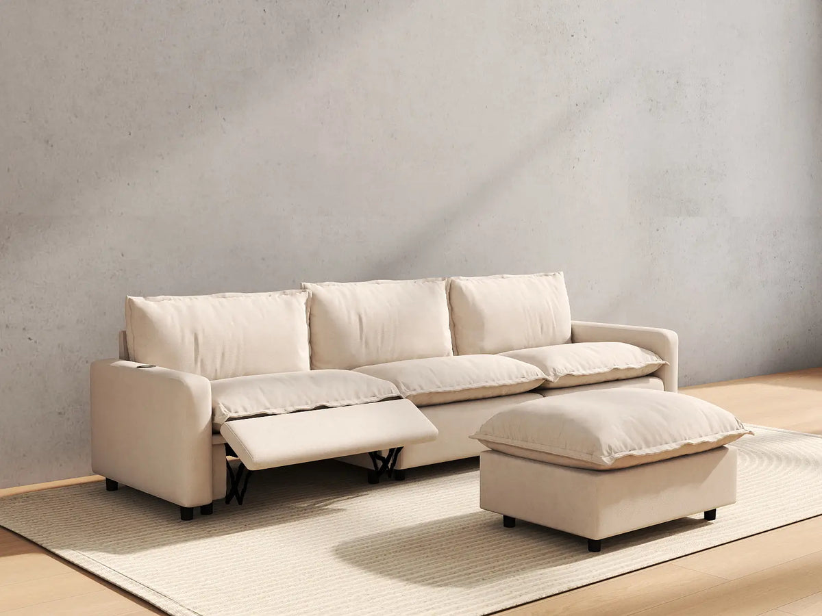 4 Piece Beige Linen Main Living Area Chaise Sectionals 3 Seater with 1 Ottoman 6