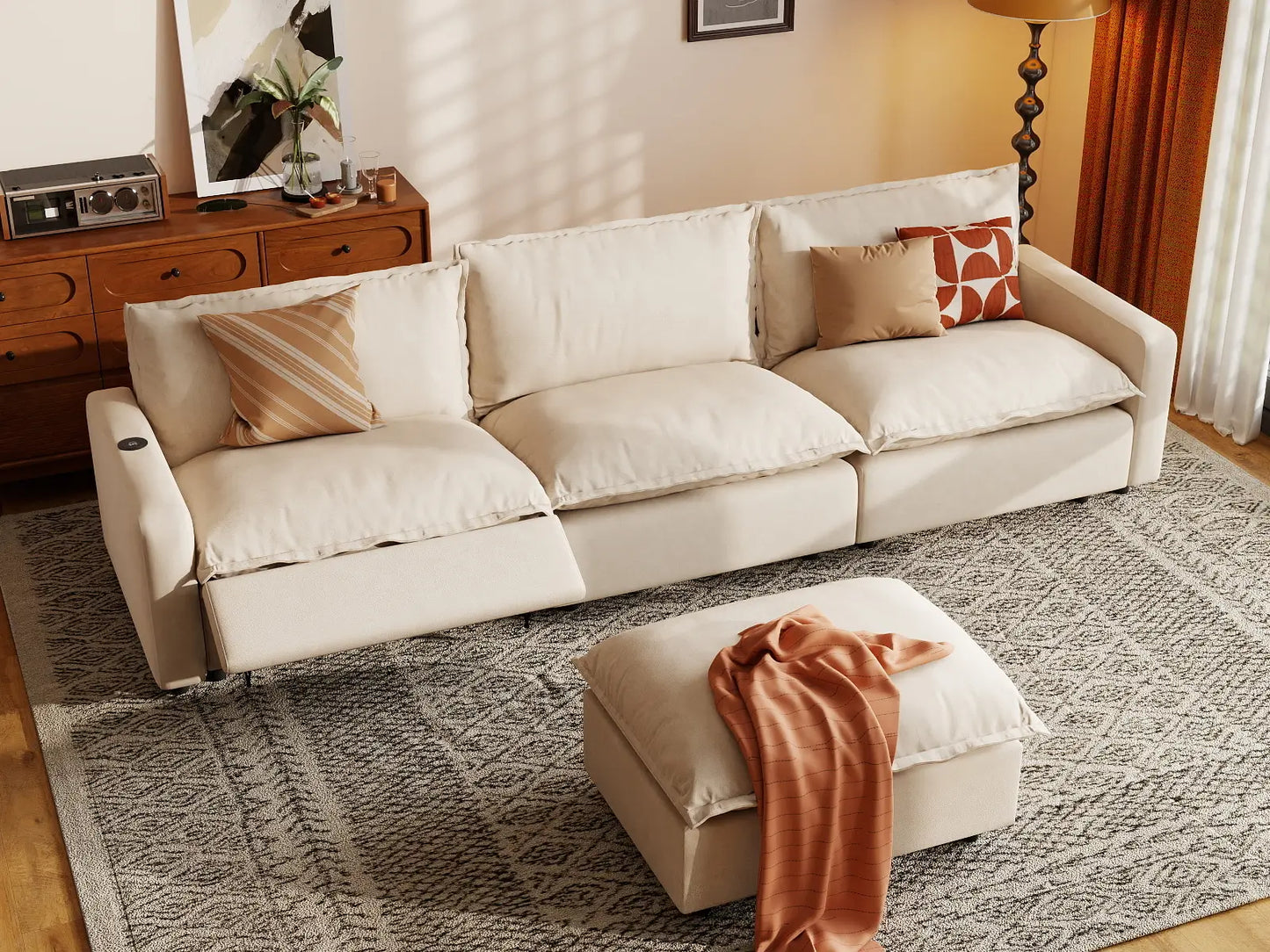 4 Piece Beige Linen Main Living Area Chaise Sectionals 3 Seater with 1 Ottoman 7