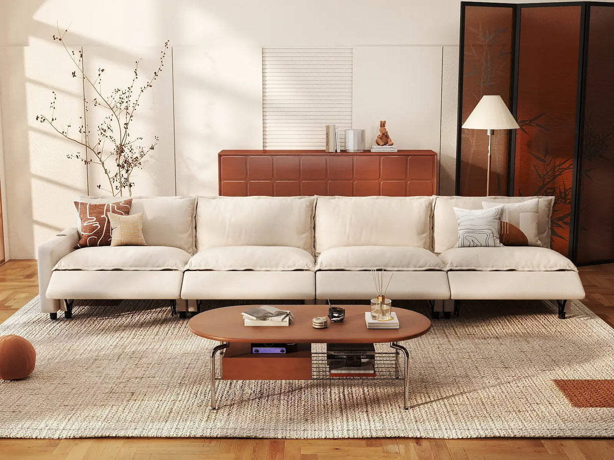 4 Piece Beige Linen Single Family Couch Sectionals 4 Seater 1
