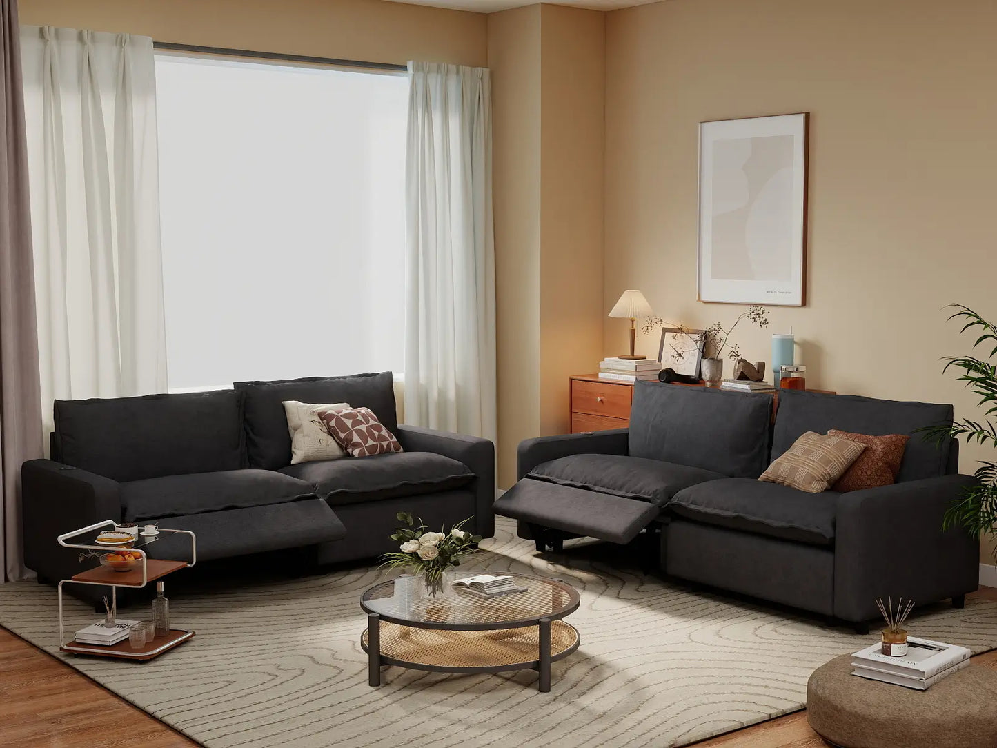 4 Piece Grey Linen Great Room V Shaped Sectionals 4 Seater 1