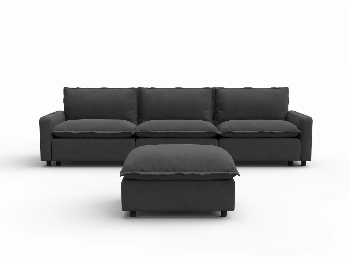 4 Piece Grey Linen Home Living Chaise Sectionals 3 Seater with 1 Ottoman 2