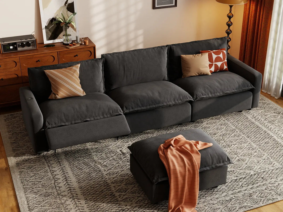 4 Piece Grey Linen Home Living Chaise Sectionals 3 Seater with 1 Ottoman 7