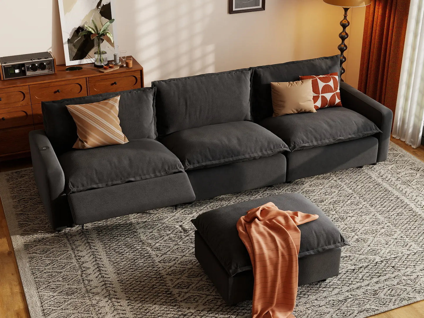4 Piece Grey Linen Home Living Chaise Sectionals 3 Seater with 1 Ottoman 7