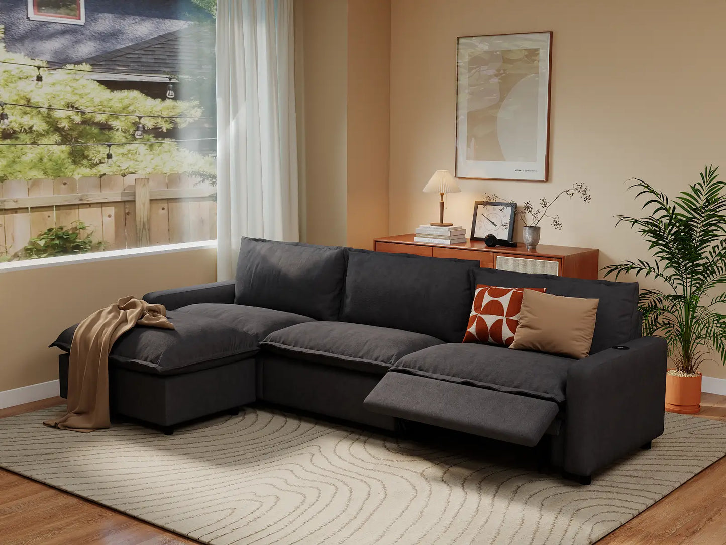Modular Cero Reclining Sectionals | 4-Piece Grey Linen Home Living L-Shaped Sectionals 3-Seater with 1-Ottoman