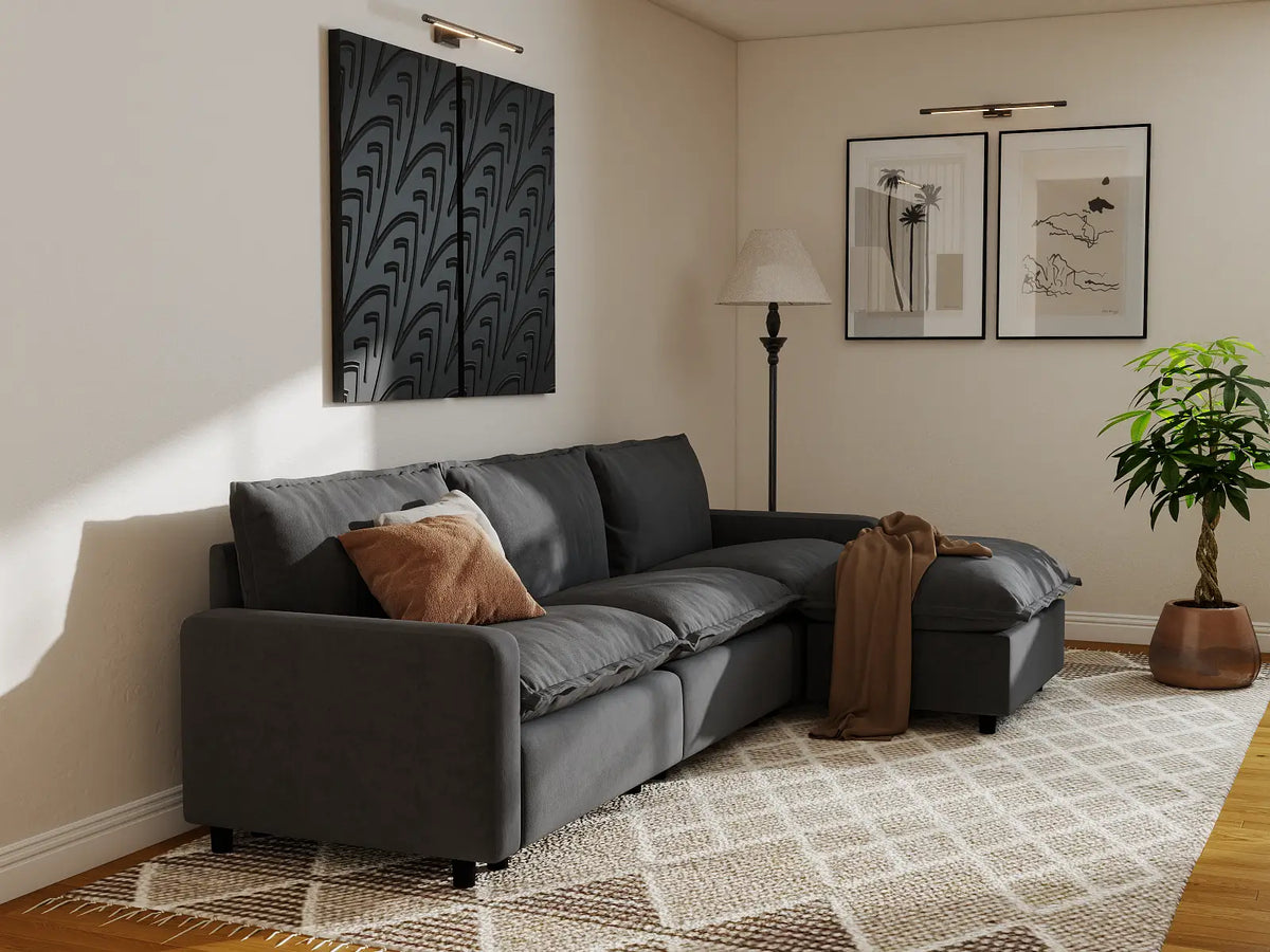 Modular Cero Modular Sectionals | 4-Piece Grey Linen Home Living L-Shaped Sectionals 3-Seater with 1-Ottoman