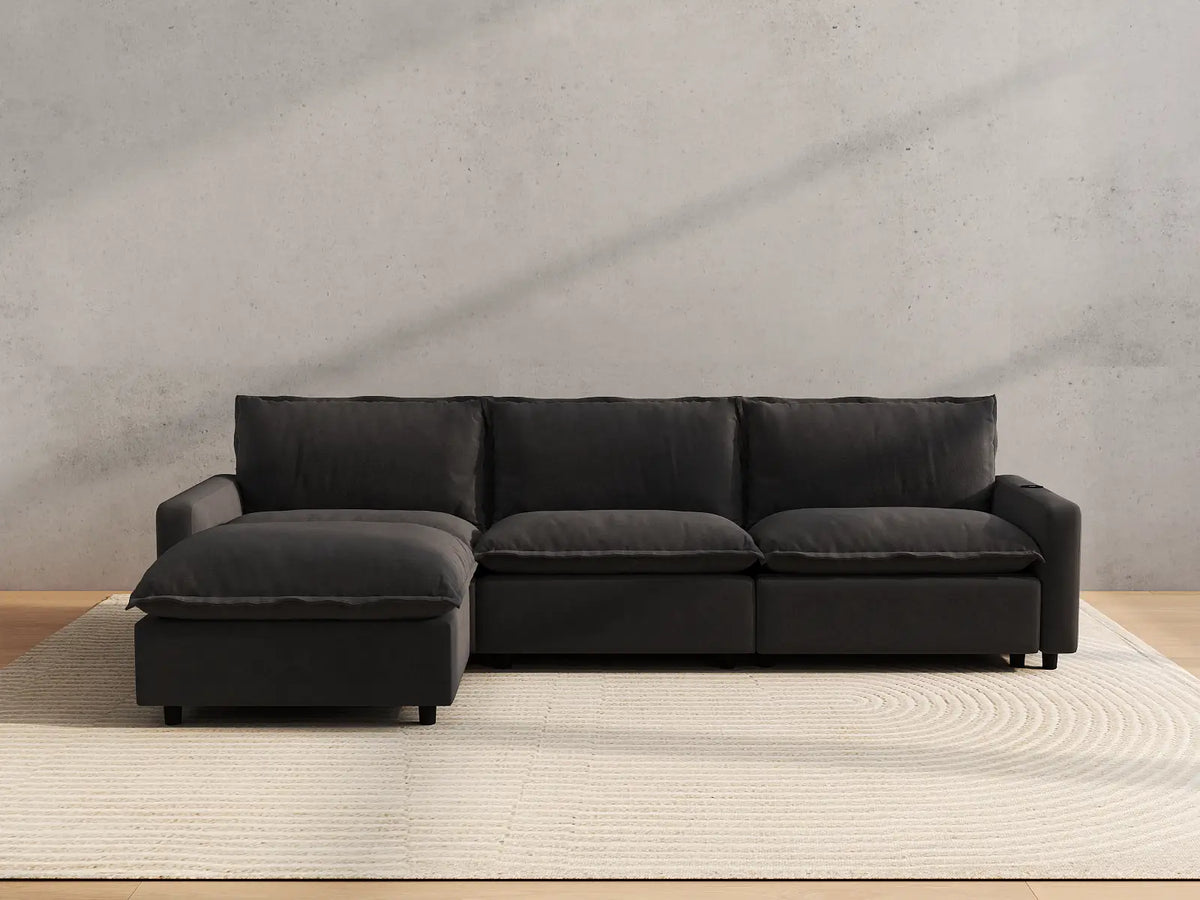 Modular Cero Reclining Sectionals | 4-Piece Grey Linen Home Living L-Shaped Sectionals 3-Seater with 1-Ottoman