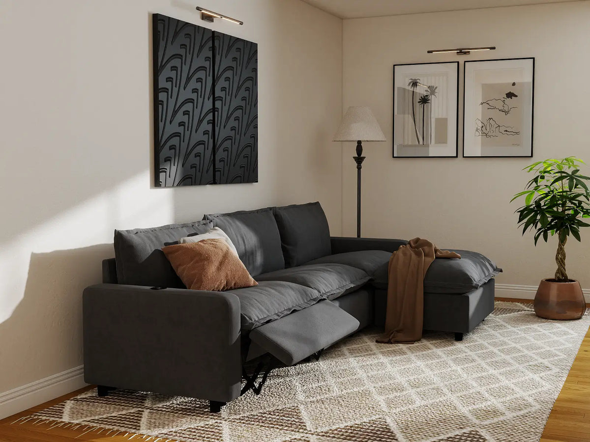 Modular Cero Reclining Sectionals | 4-Piece Grey Linen Home Living L-Shaped Sectionals 3-Seater with 1-Ottoman