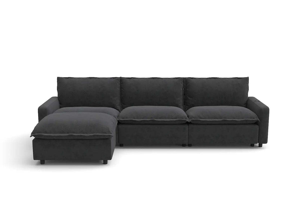 Modular Cero Reclining Sectionals | 4-Piece Grey Linen Large Space L-Shaped Sectionals 3-Seater with 1-Ottoman