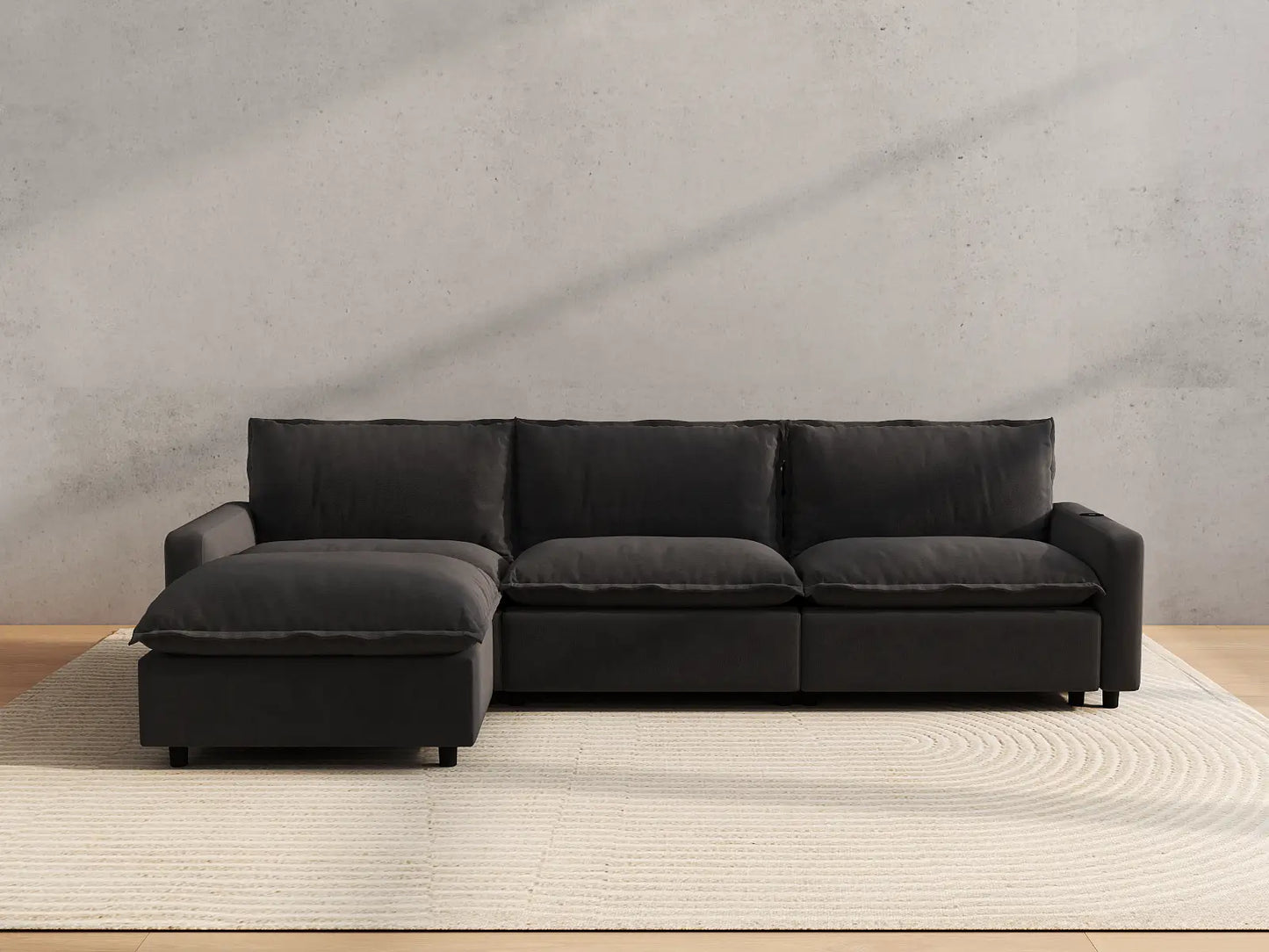 Modular Cero Reclining Sectionals | 4-Piece Grey Linen Large Space L-Shaped Sectionals 3-Seater with 1-Ottoman
