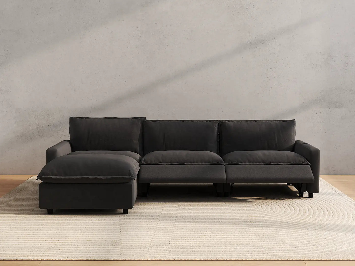 Modular Cero Reclining Sectionals | 4-Piece Grey Linen Large Space L-Shaped Sectionals 3-Seater with 1-Ottoman