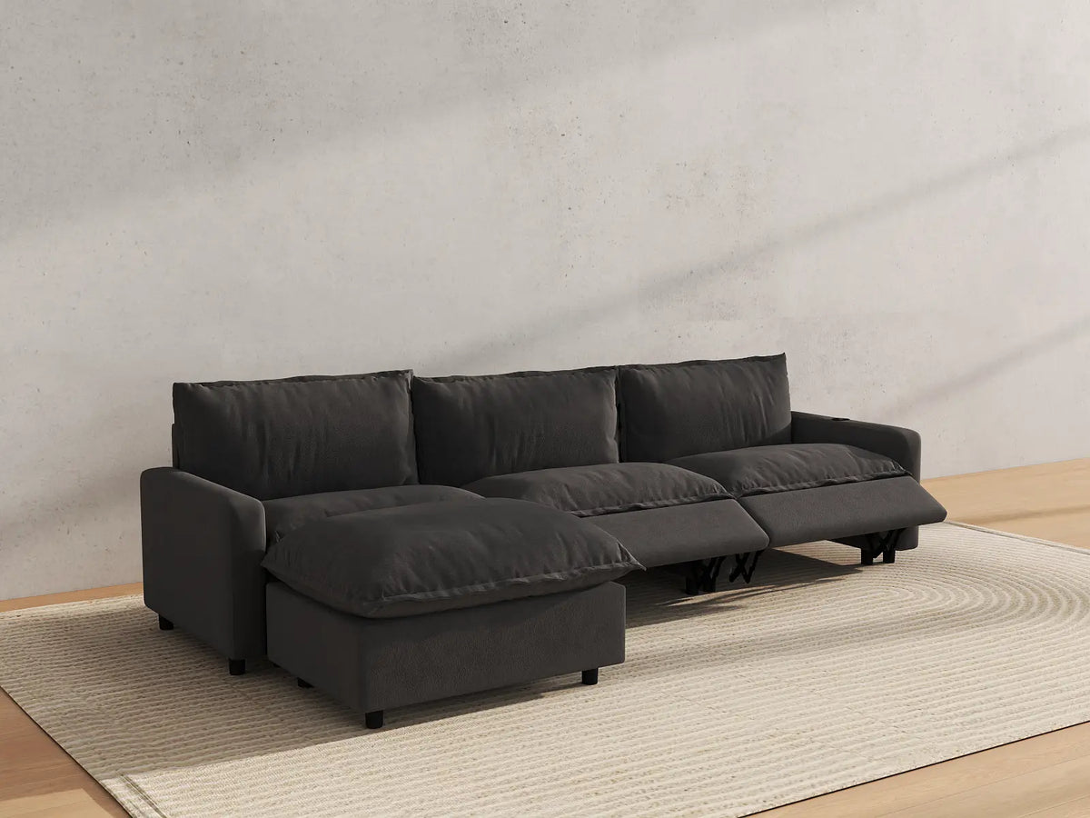 Modular Cero Reclining Sectionals | 4-Piece Grey Linen Large Space L-Shaped Sectionals 3-Seater with 1-Ottoman