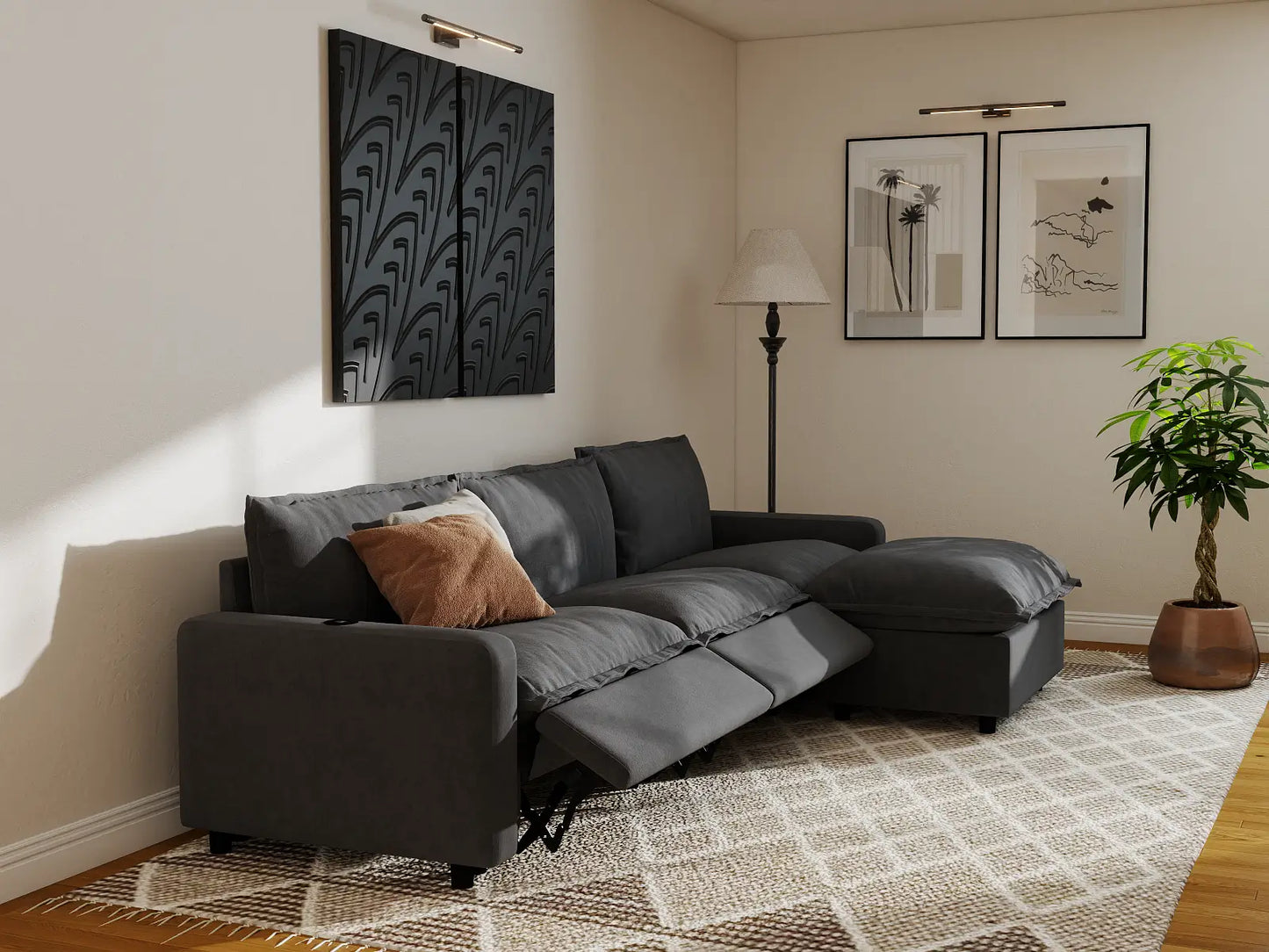 Modular Cero Reclining Sectionals | 4-Piece Grey Linen Large Space L-Shaped Sectionals 3-Seater with 1-Ottoman