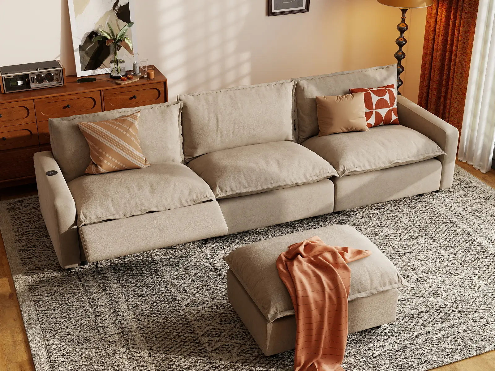 4 Piece Khaki Linen Condo Furniture Chaise Sectionals 3 Seater with 1 Ottoman 1