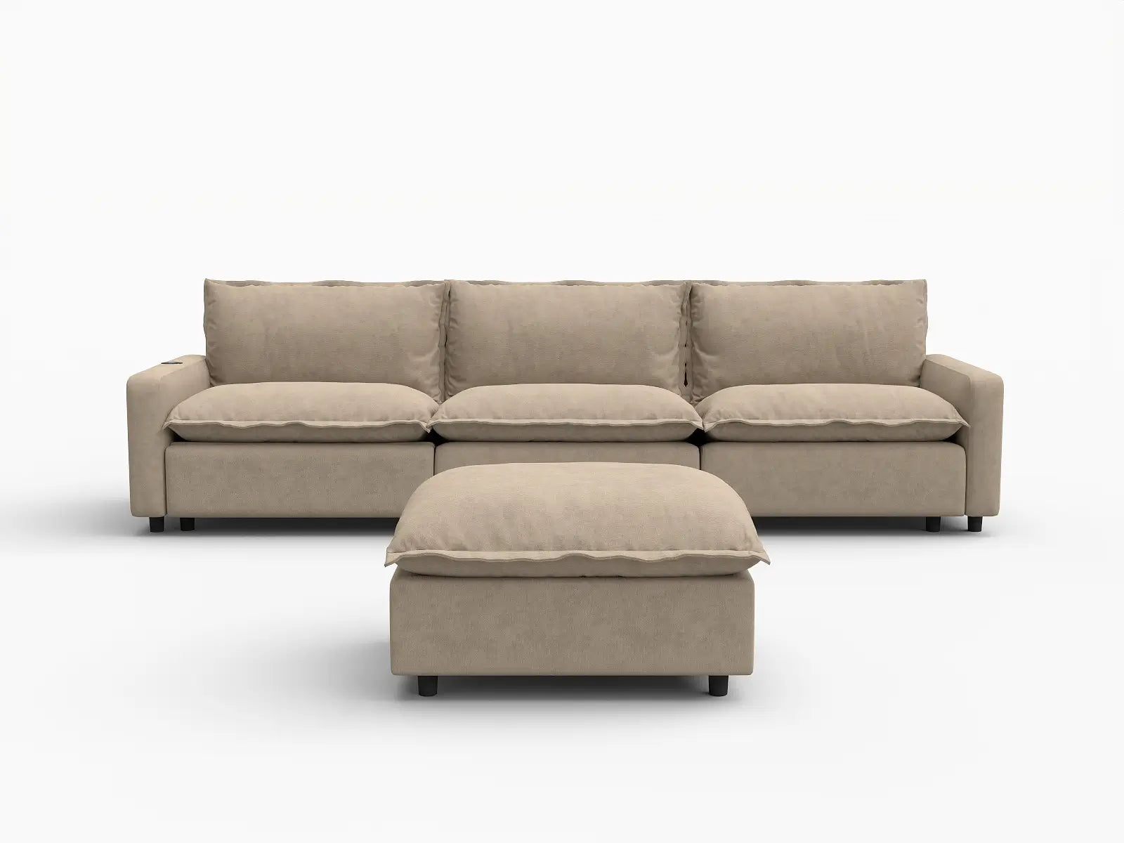4 Piece Khaki Linen Condo Furniture Chaise Sectionals 3 Seater with 1 Ottoman 2