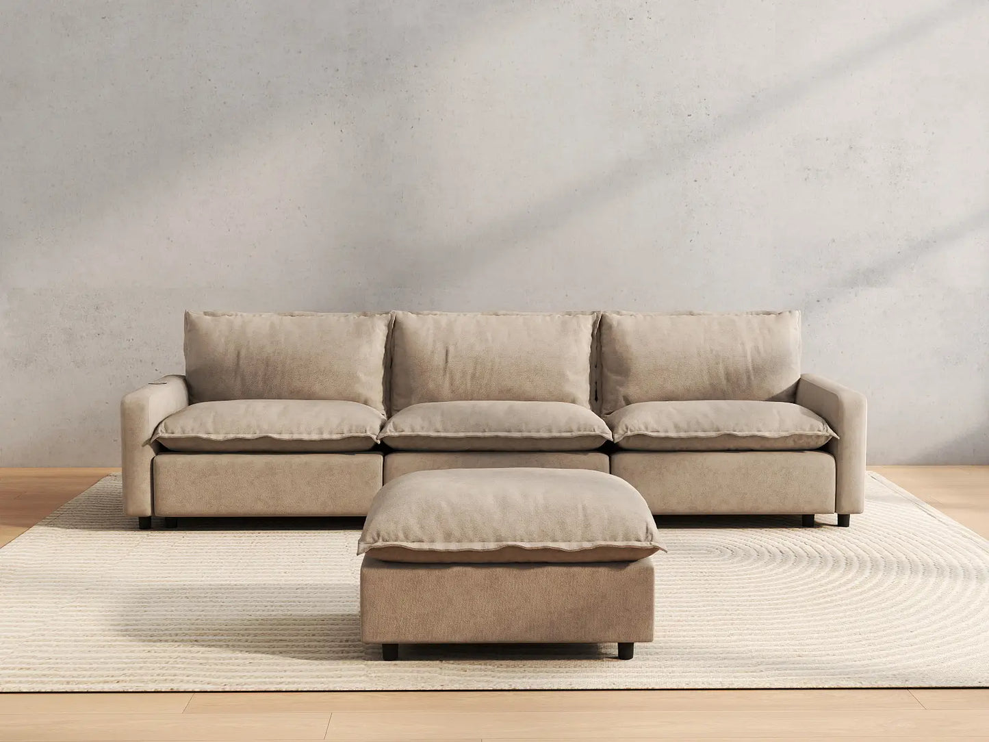 4 Piece Khaki Linen Condo Furniture Chaise Sectionals 3 Seater with 1 Ottoman 4