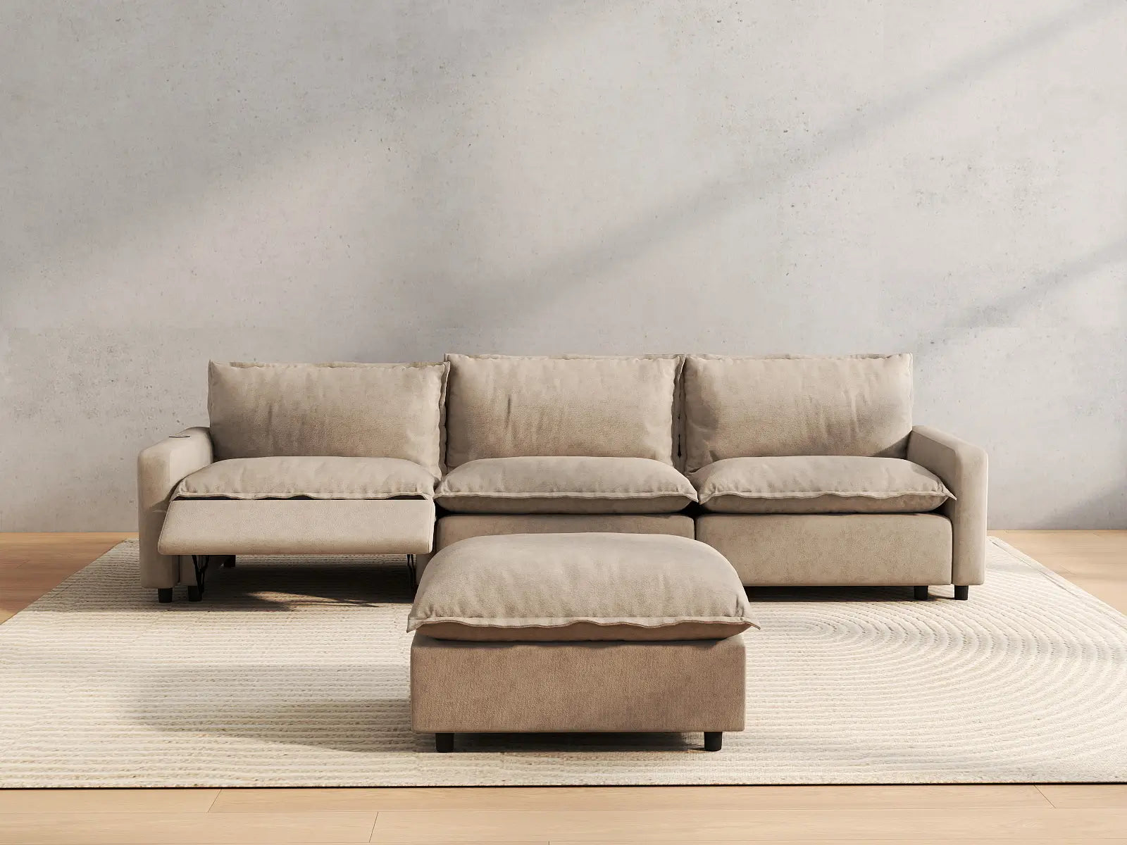 4 Piece Khaki Linen Condo Furniture Chaise Sectionals 3 Seater with 1 Ottoman 5