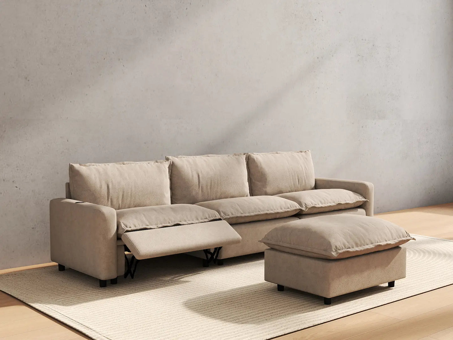 4 Piece Khaki Linen Condo Furniture Chaise Sectionals 3 Seater with 1 Ottoman 6