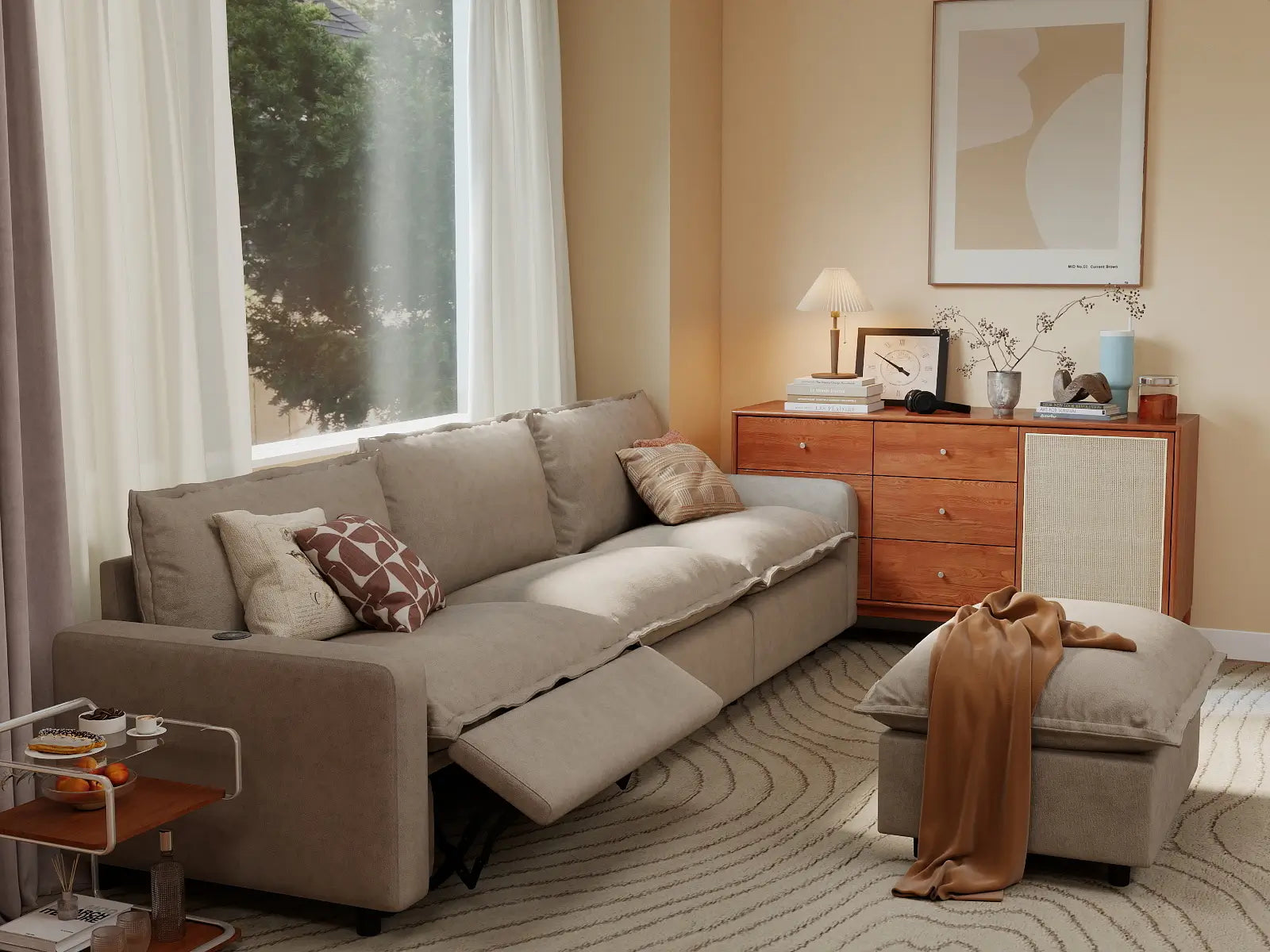 4 Piece Khaki Linen Condo Furniture Chaise Sectionals 3 Seater with 1 Ottoman 7