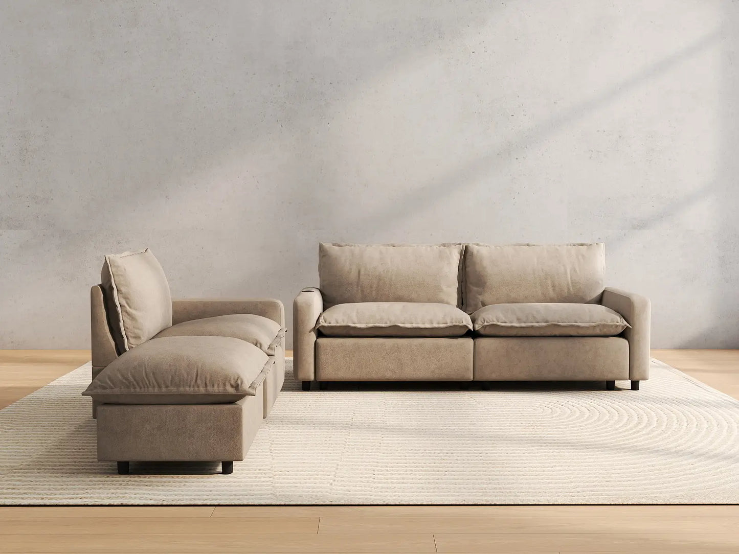 4 Piece Khaki Linen Den Chaise Sectionals 3 Seater with 1 Ottoman 4