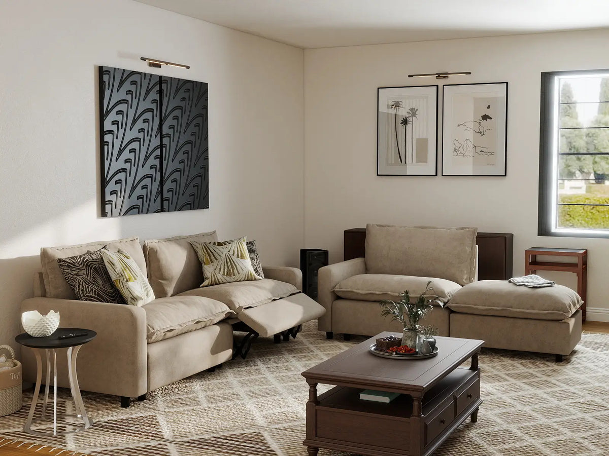 4 Piece Khaki Linen Den Chaise Sectionals 3 Seater with 1 Ottoman 7