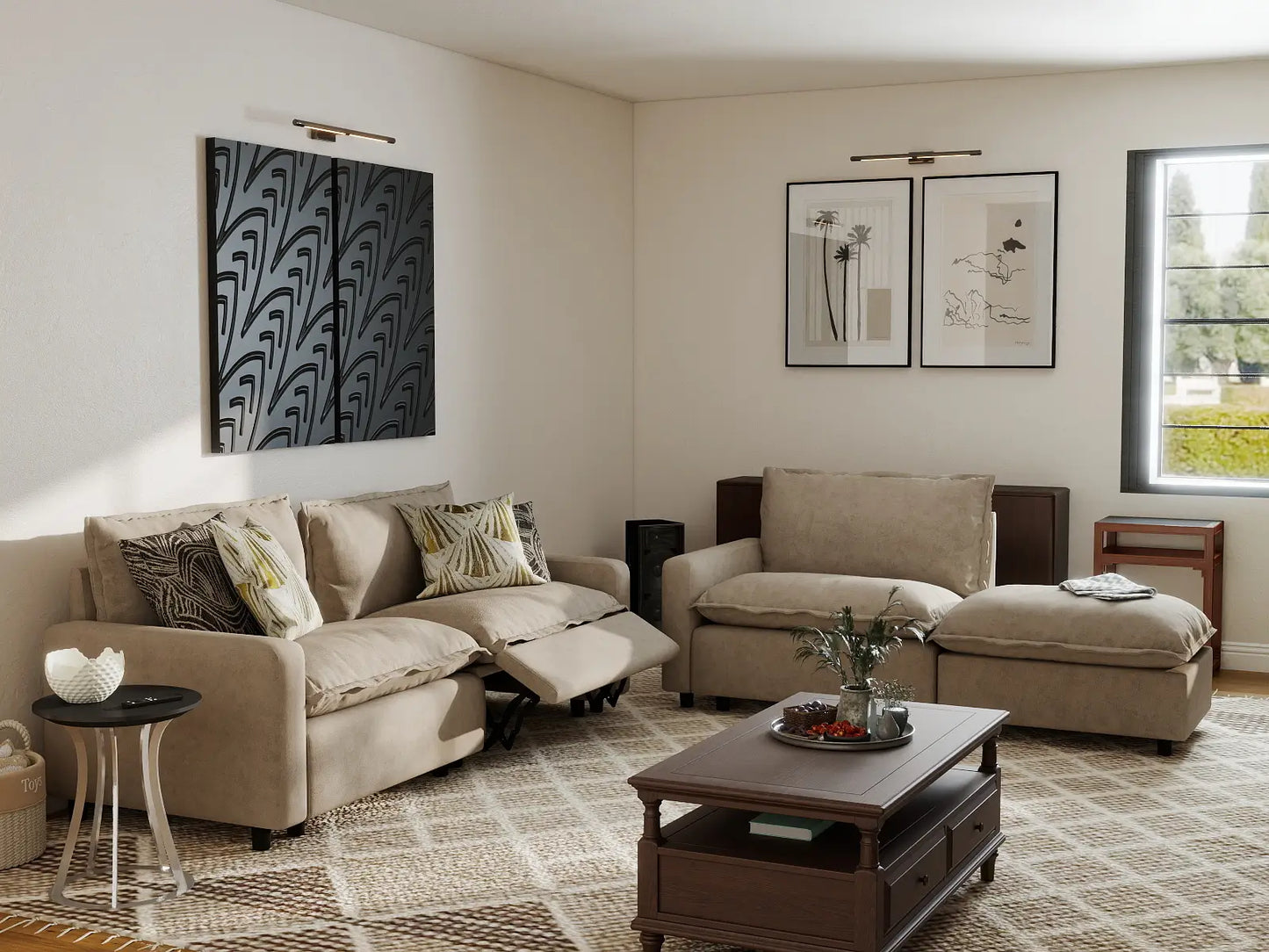 4 Piece Khaki Linen Den Chaise Sectionals 3 Seater with 1 Ottoman 7