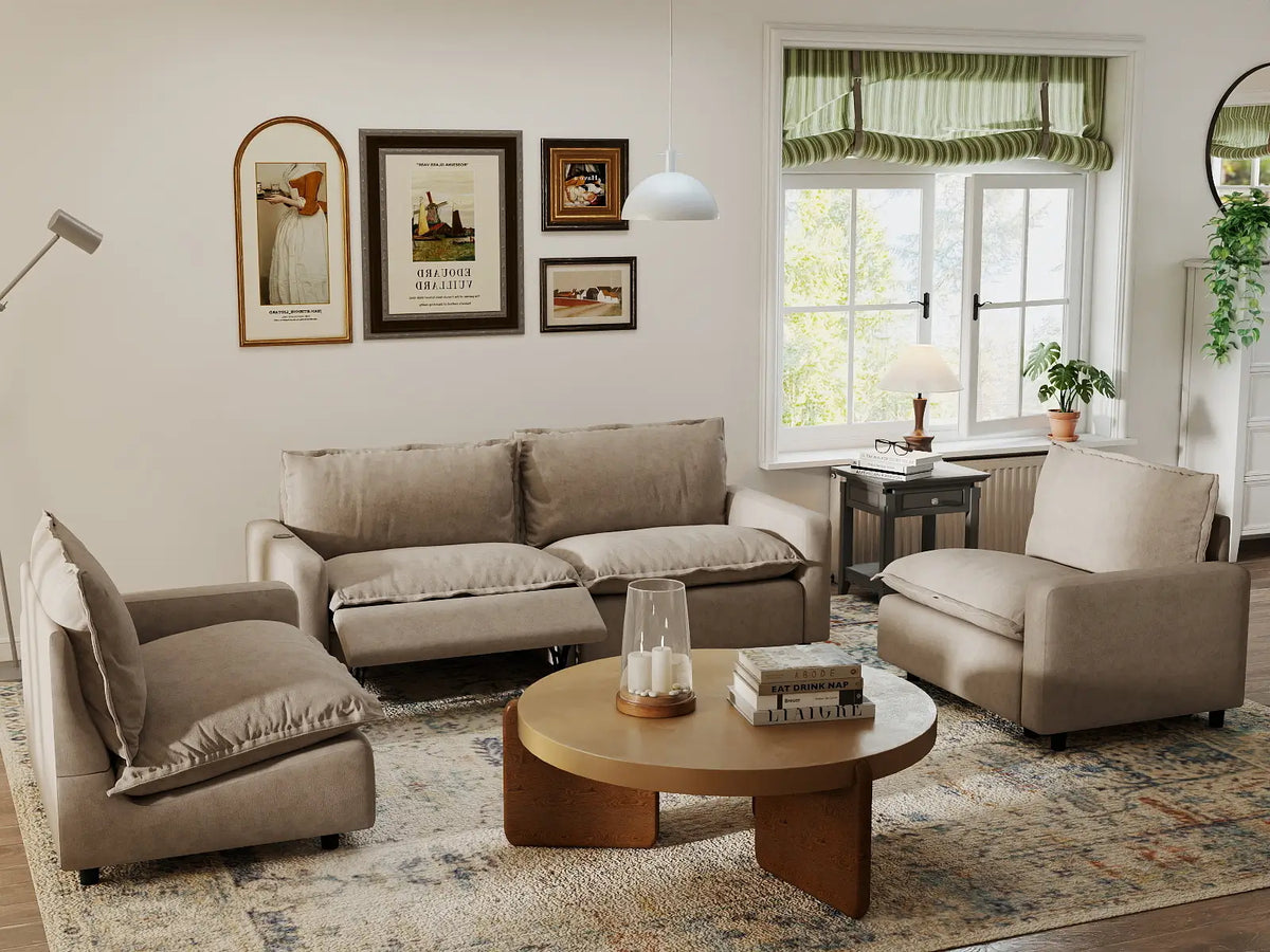 4 Piece Khaki Linen High Ceiling Room U Shaped Sectionals 4 Seater 7