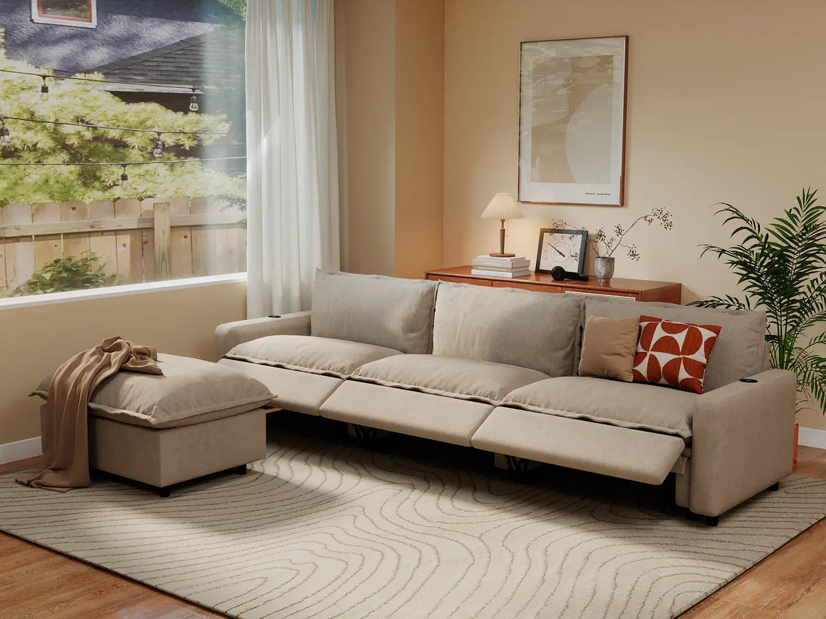 Modular Cero Reclining Sectionals | 4-Piece Khaki Linen Home Living L-Shaped Sectionals 3-Seater with 1-Ottoman