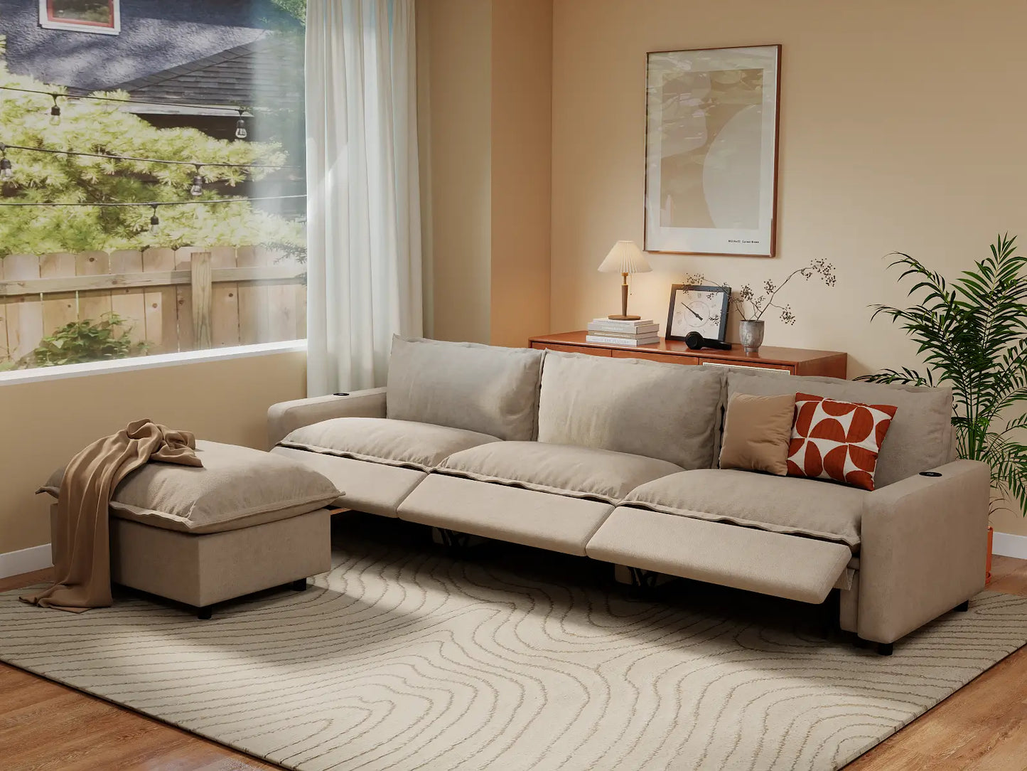 Modular Cero Reclining Sectionals | 4-Piece Khaki Linen Home Living L-Shaped Sectionals 3-Seater with 1-Ottoman