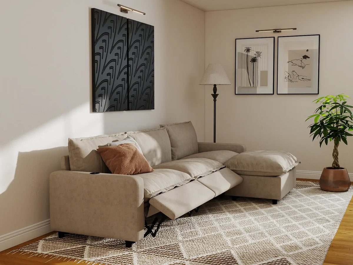 Modular Cero Reclining Sectionals | 4-Piece Khaki Linen Home Living L-Shaped Sectionals 3-Seater with 1-Ottoman